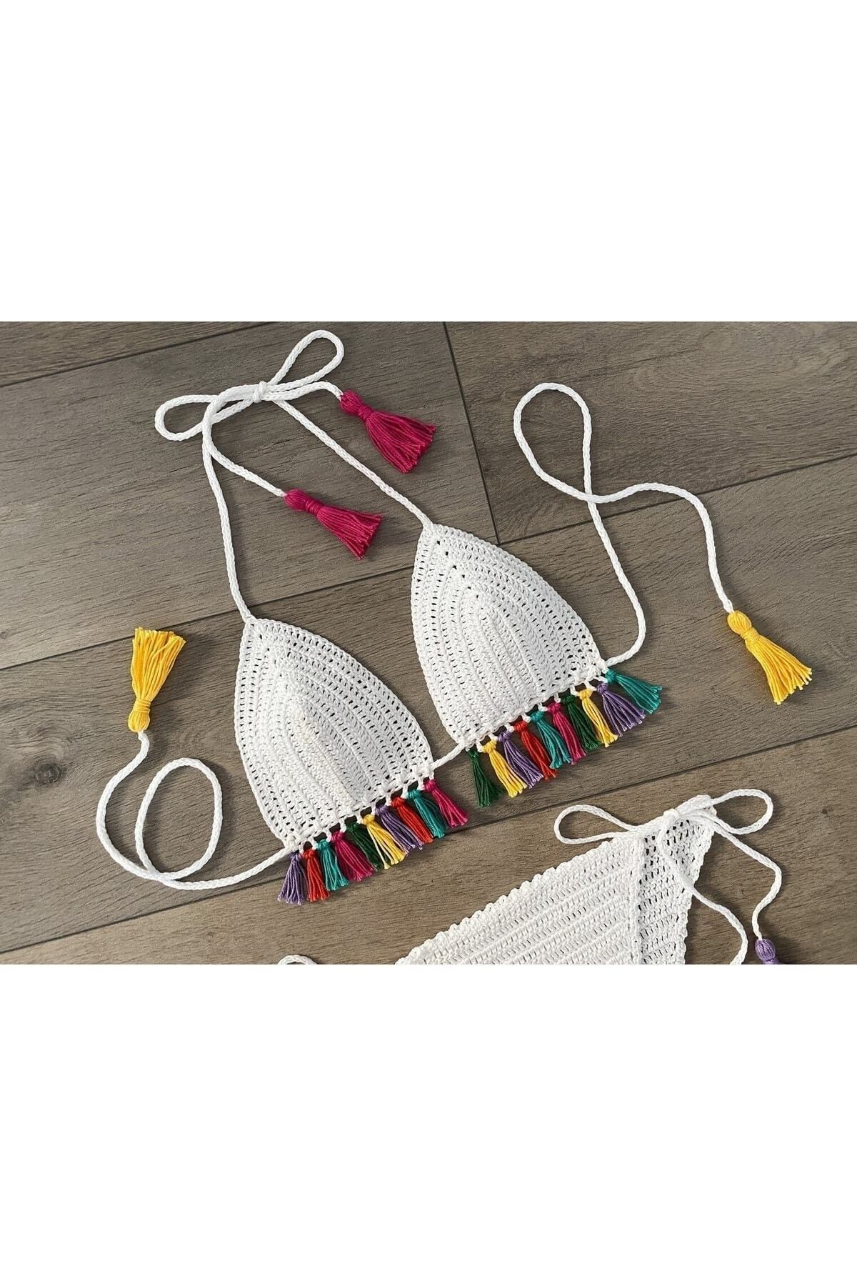 Major Tığ Örgü Renkli Püsküllü Bikini Takım