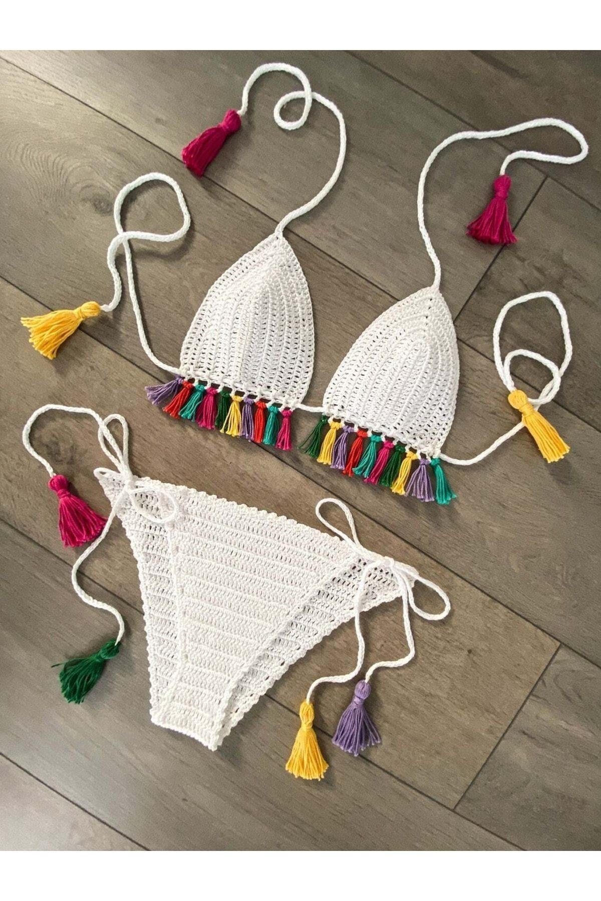 Major Tığ Örgü Renkli Püsküllü Bikini Takım