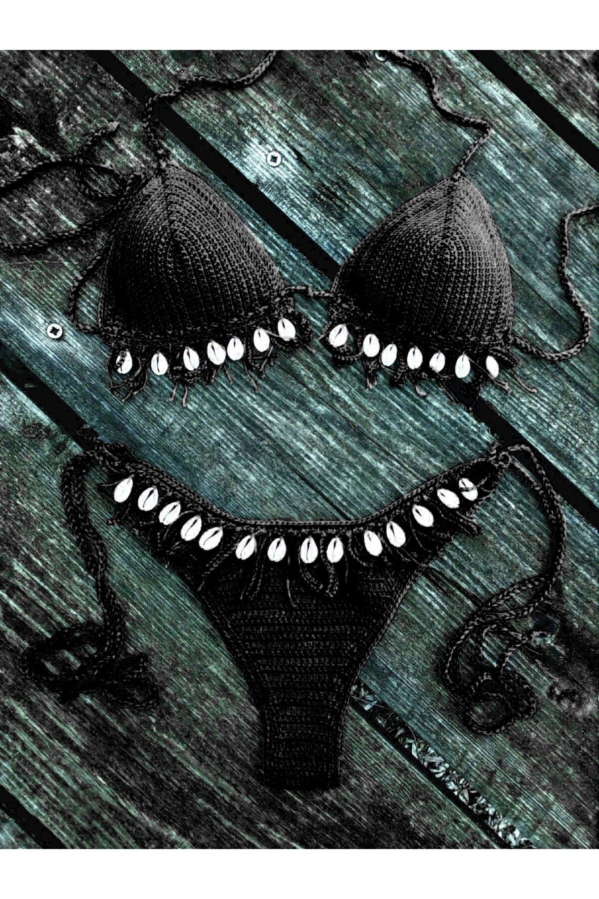 Tığ Işi Örgü Püsküllü Deniz Kabuklu Bikini Takım