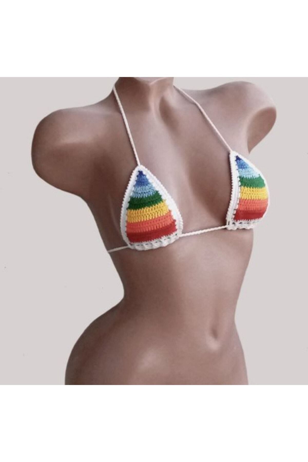 Tığ Örgü Gökkuşağı Tanga Bikini Takım