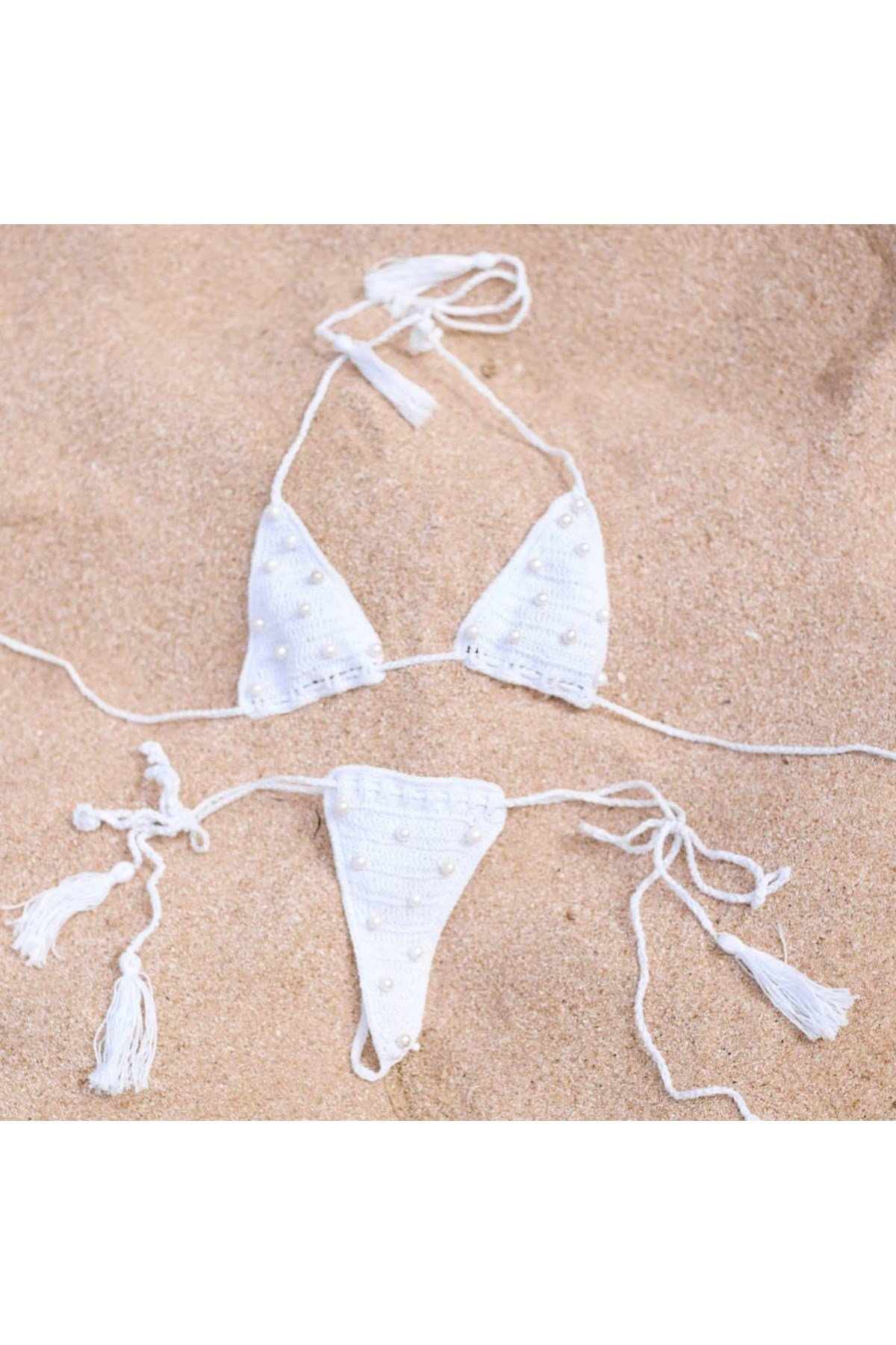 Tığ Örgü Incili String Tanga Bikini Takım