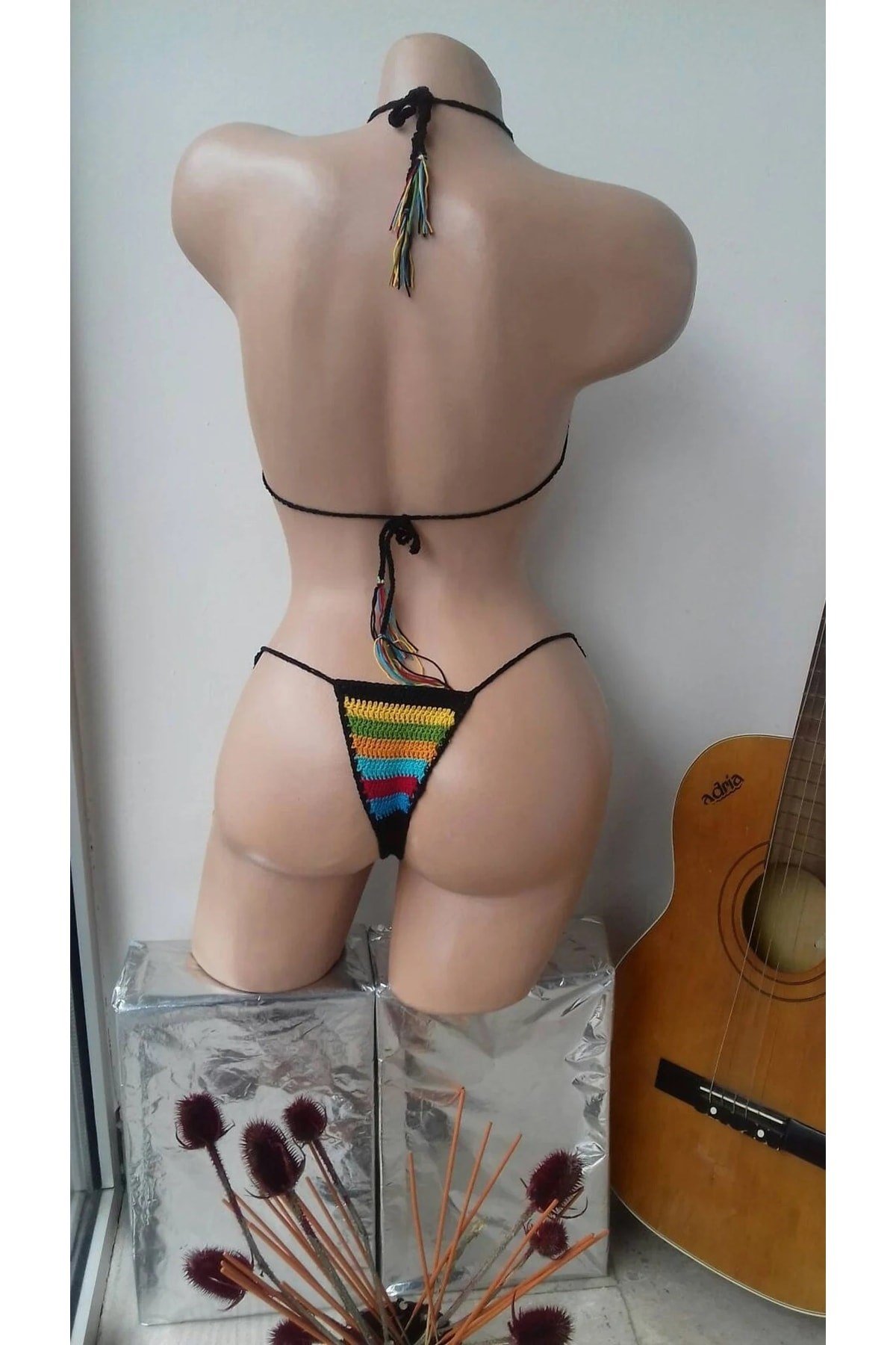 Tığ Örgü Renkli Çizgili Bikini Takım