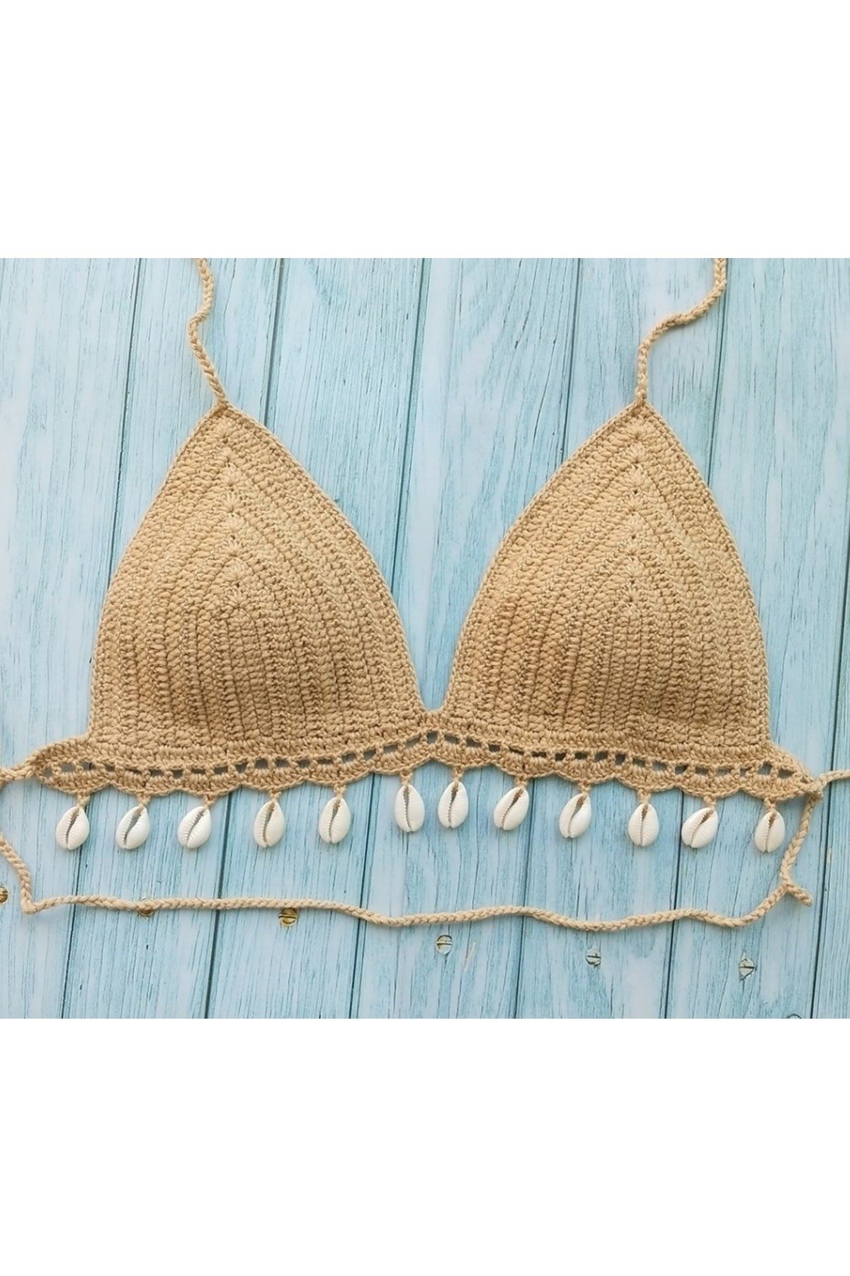 Tığ Örme Deniz Kabuklu Pareo Etekli Bikini Takım