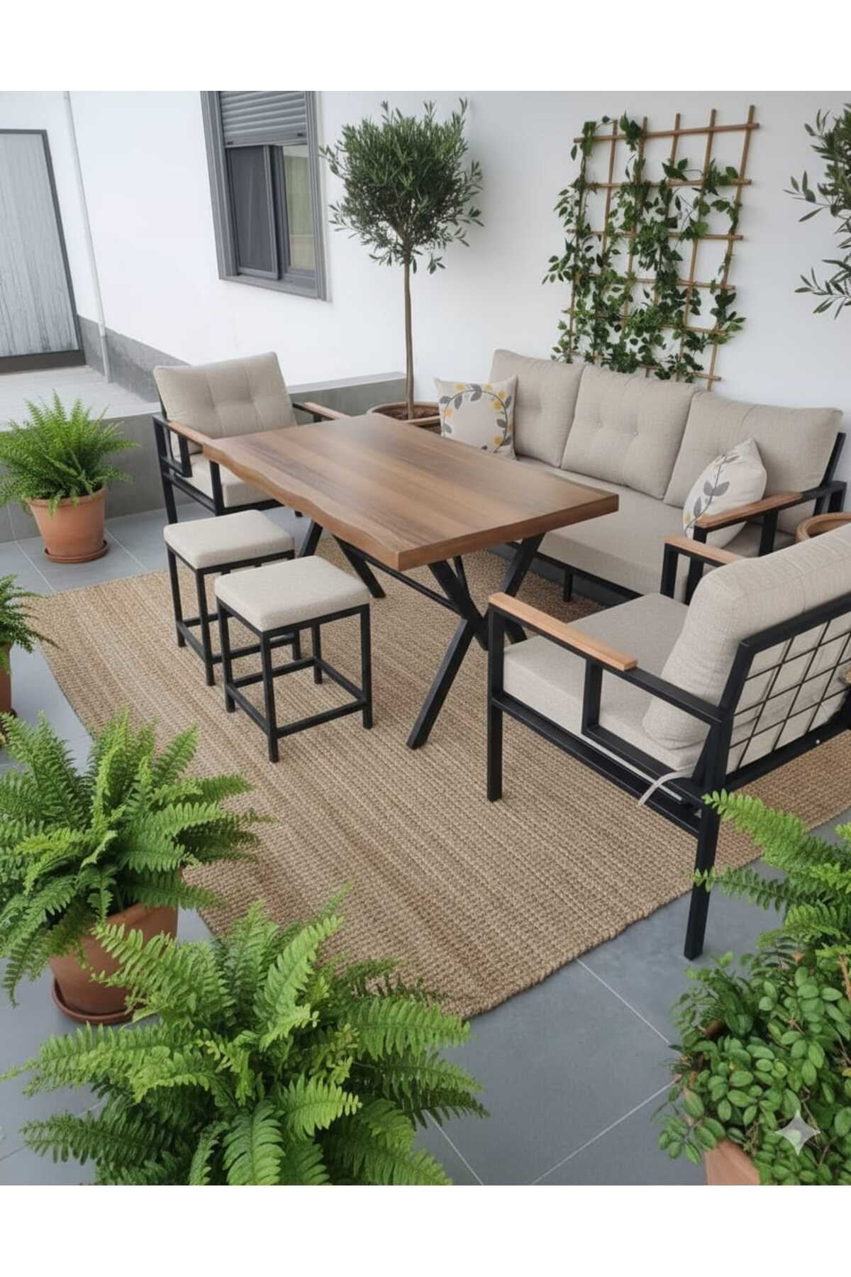 Pi Elize 3+1+1 80x120 cm 2 adet Tekli Puflu Bahçe Mobilyası Balkon Mobilyası Krem Renk