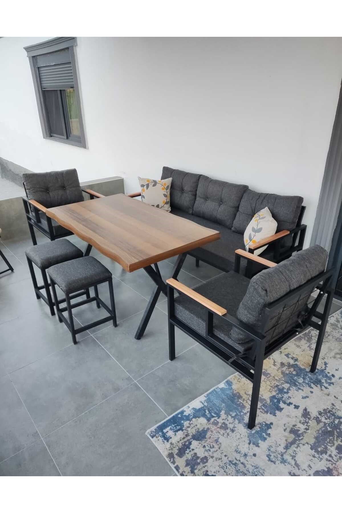 Pi Elize 3+1+1 80x120 cm 2 adet Tekli Puflu Bahçe Mobilyası Balkon Mobilyası Krem Renk