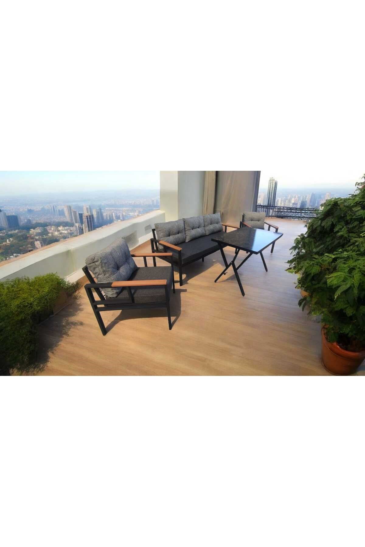 Pi Elize Bahçe Balkon Mobilyası Antrasit Gri 3+1+1 ve Perla Masa