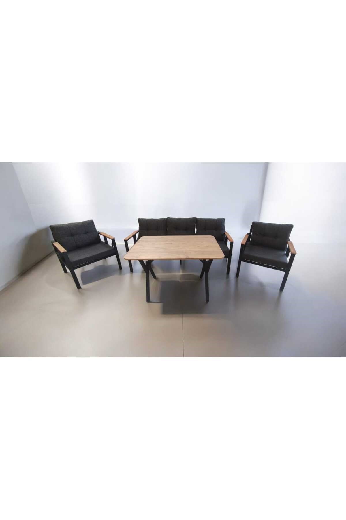 Pi Elize Bahçe Balkon Mobilyası Antrasit 3+1+1 ve Perla Çam Masa