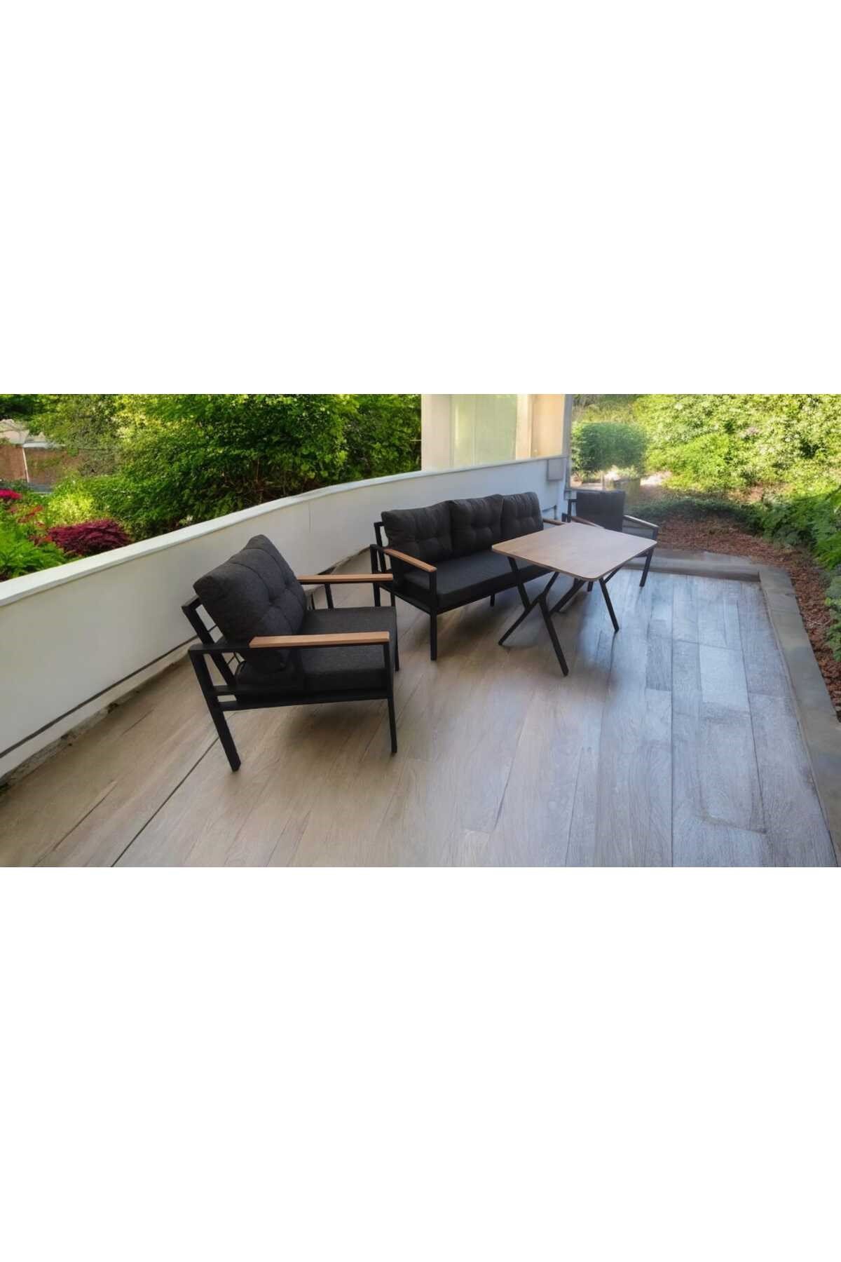 Pi Elize Bahçe Balkon Mobilyası Antrasit 3+1+1 ve Perla Çam Masa