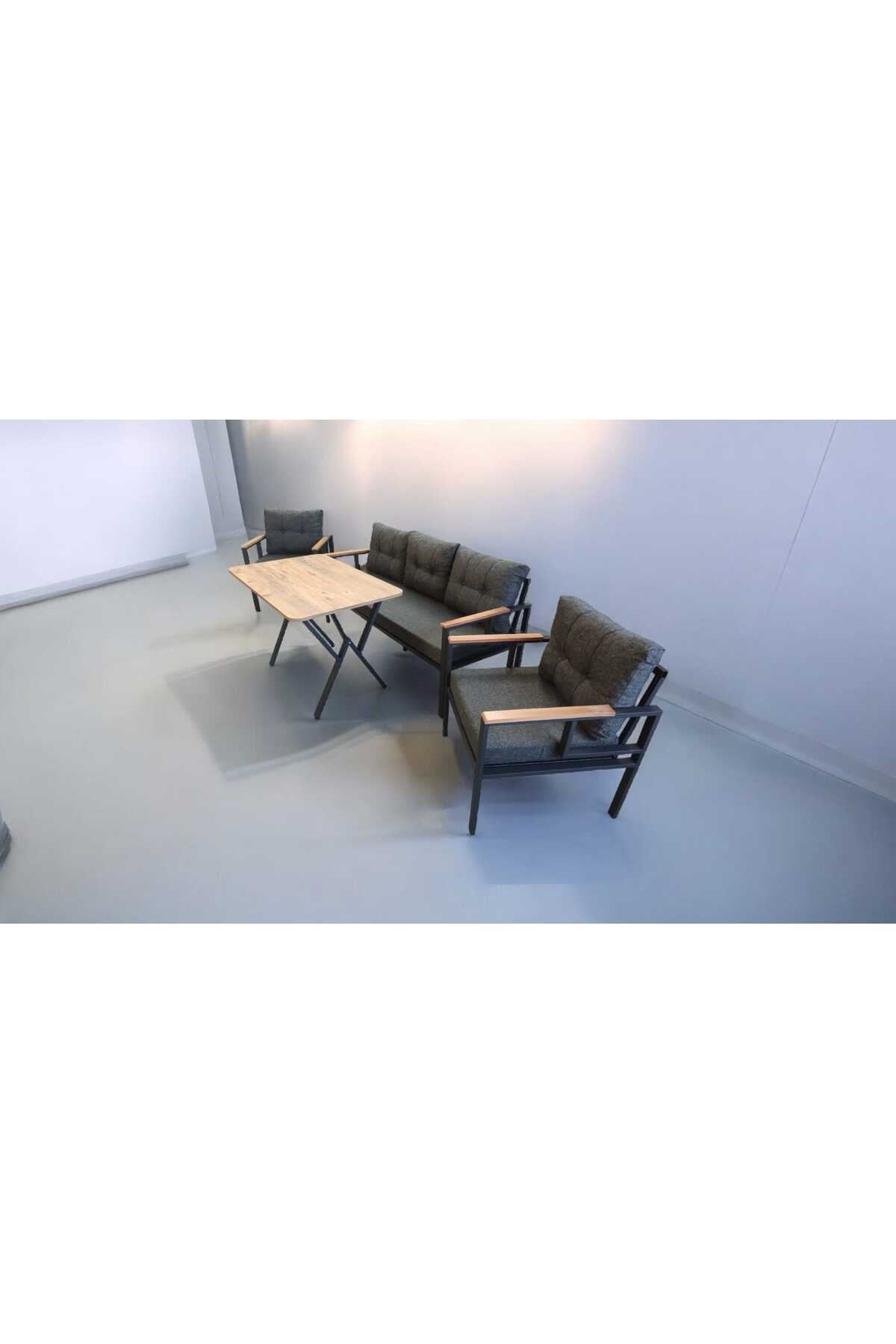 Pi Elize Bahçe Balkon Mobilyası Antrasit 3+1+1 ve Perla Çam Masa