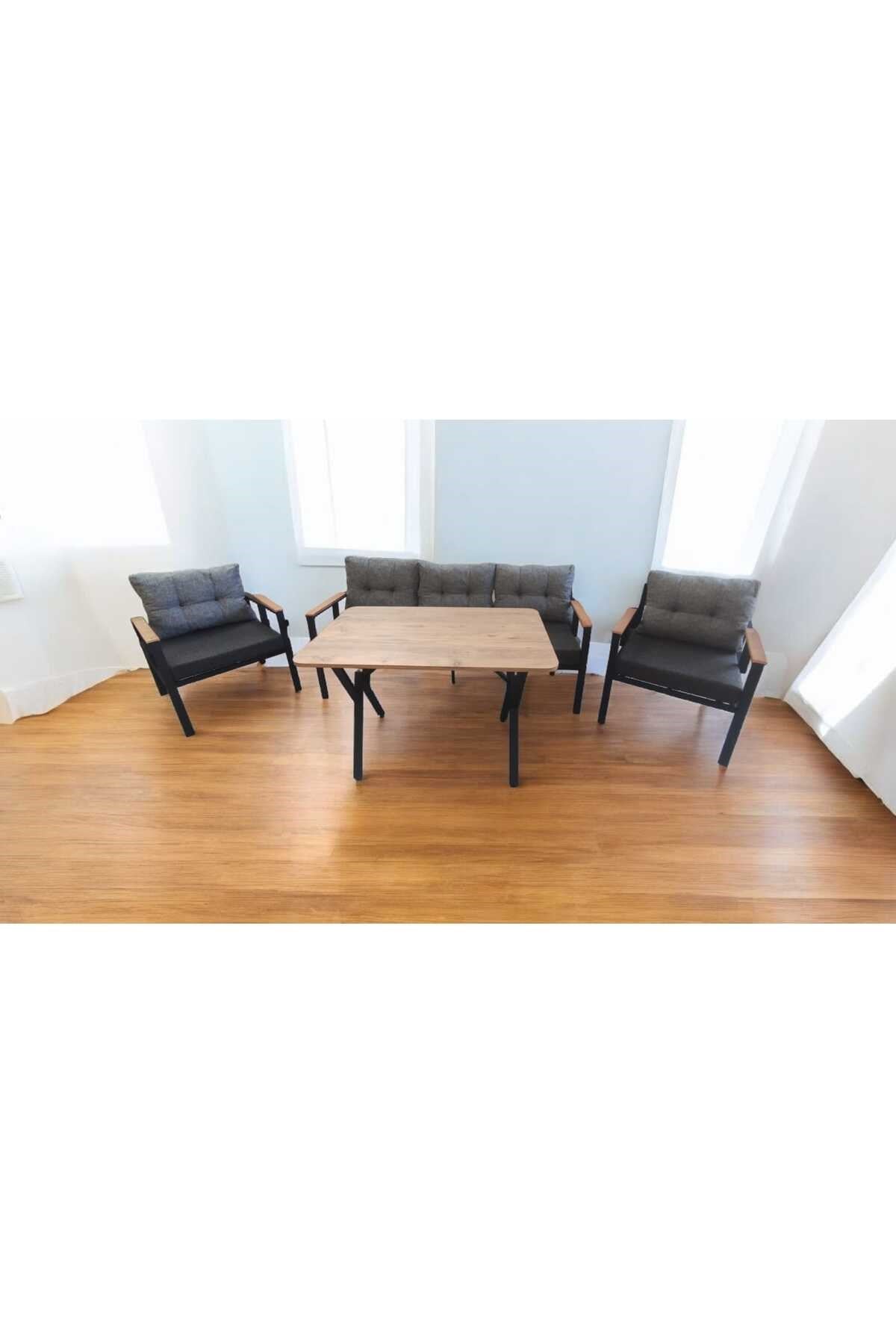 Pi Elize Bahçe Balkon Mobilyası Antrasit Gri 3+1+1 ve Perla Çam Masa