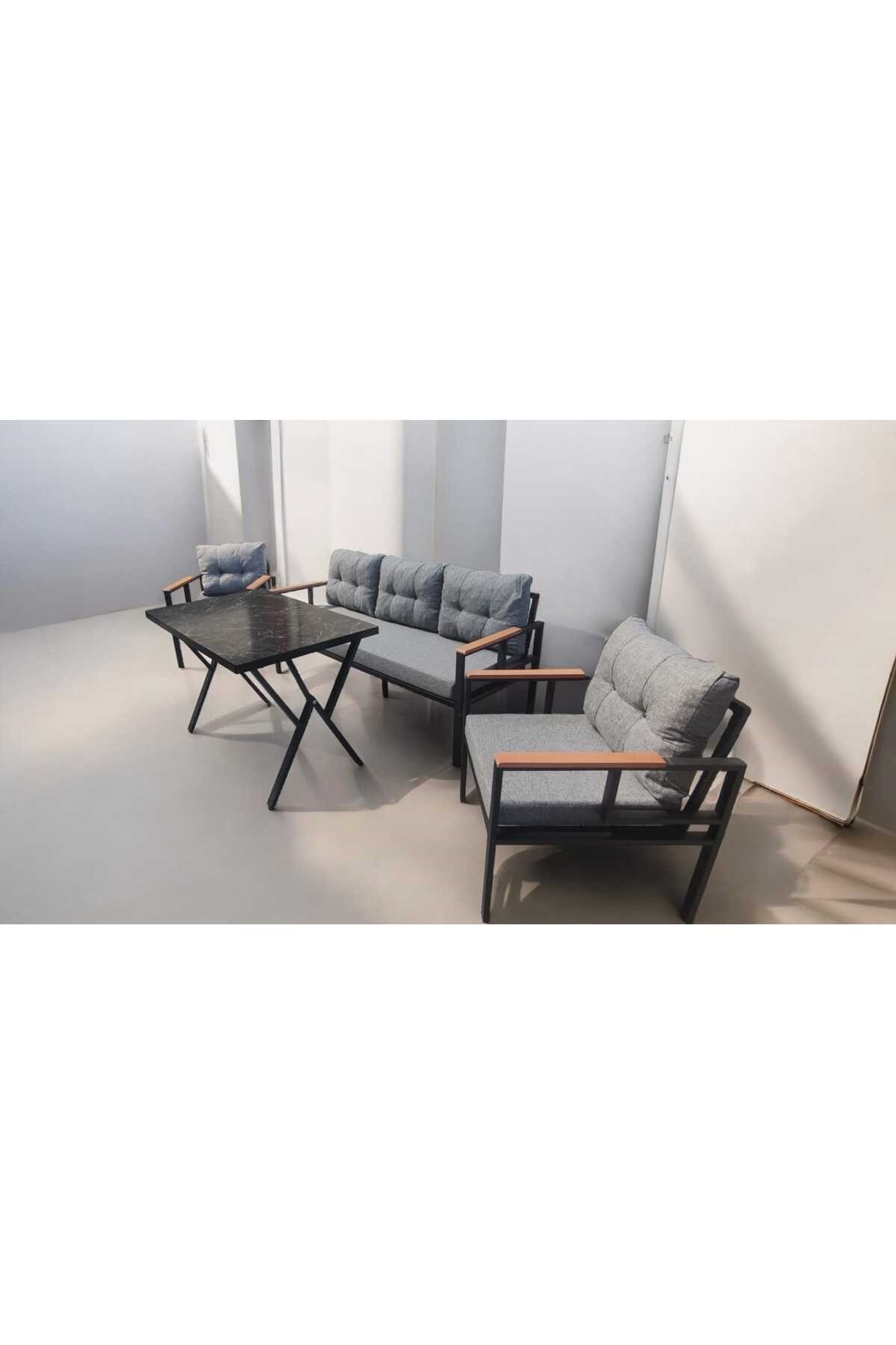 Pi Elize Bahçe Balkon Mobilyası Gri 3+1+1 ve Perla Masa
