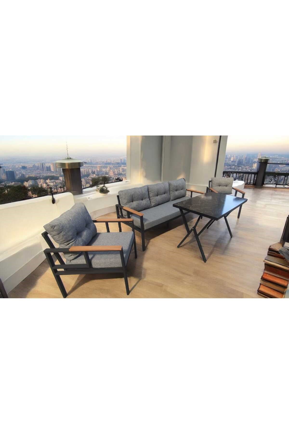 Pi Elize Bahçe Balkon Mobilyası Gri 3+1+1 ve Perla Masa