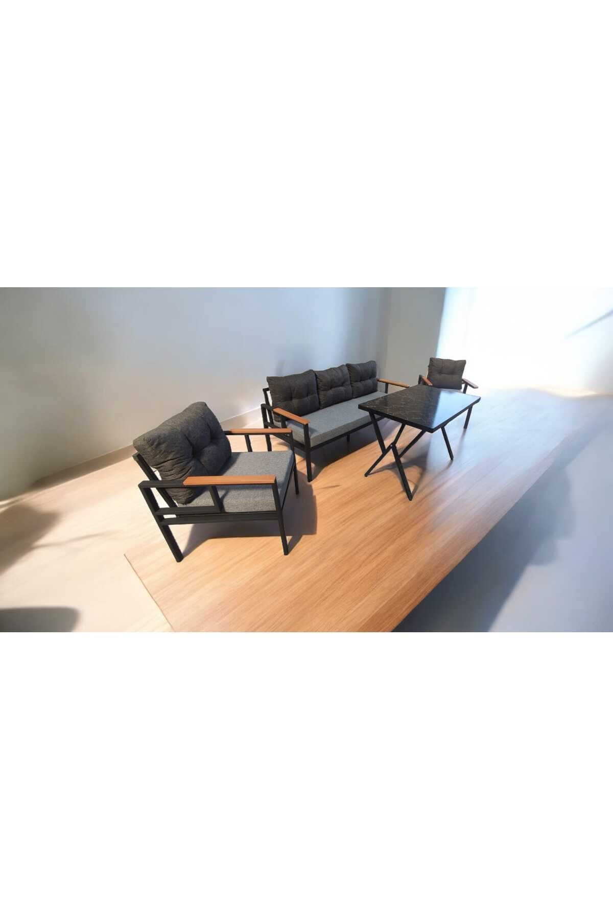 Pi Elize Bahçe Balkon Mobilyası Gri Antrasit 3+1+1 ve Perla Masa