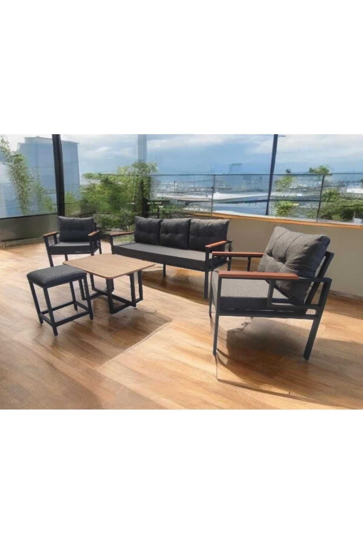 Pi Elize Bahçe Ve Balkon Mobilyası Antrasit 3 1 1 Sehpalı Ve Puflı