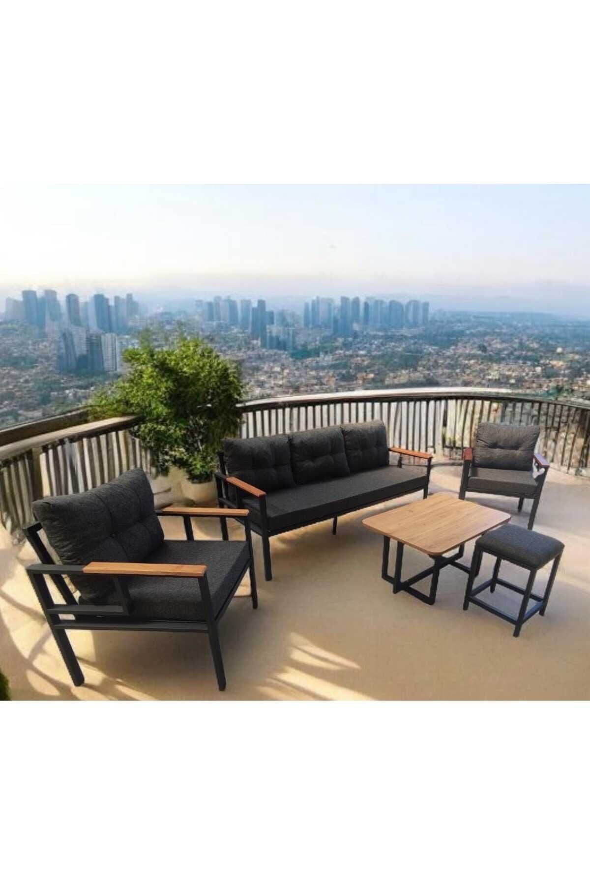 Pi Elize Bahçe Ve Balkon Mobilyası Antrasit 3 1 1 Sehpalı Ve Puflı