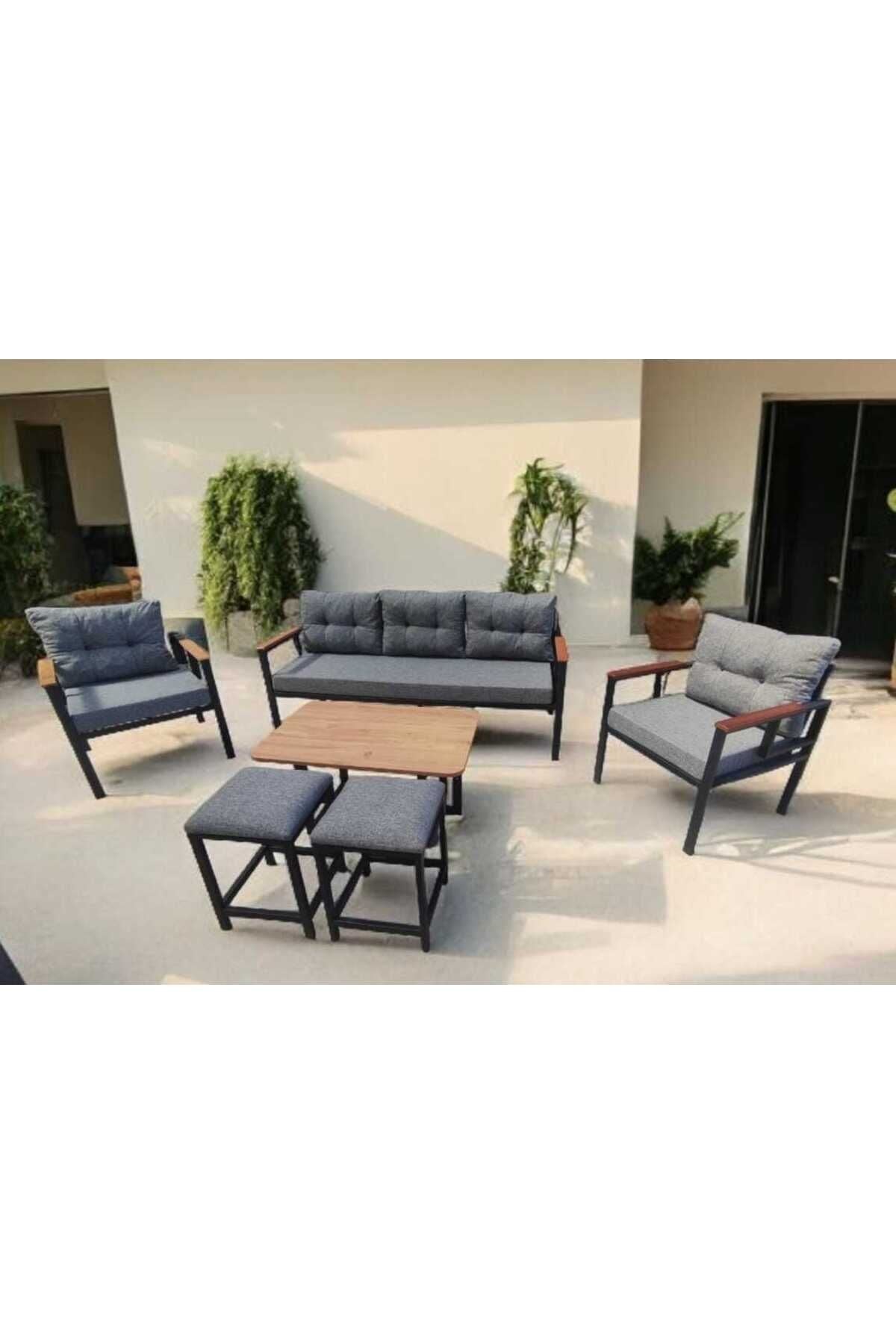 Pi Elize Bahçe Ve Balkon Mobilyası Gri 3 1 1, Sehpa Ve 2 Puflu