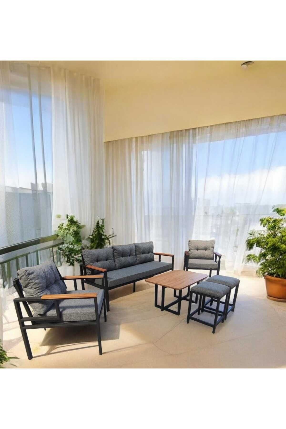 Pi Elize Bahçe Ve Balkon Mobilyası Gri 3 1 1, Sehpa Ve 2 Puflu