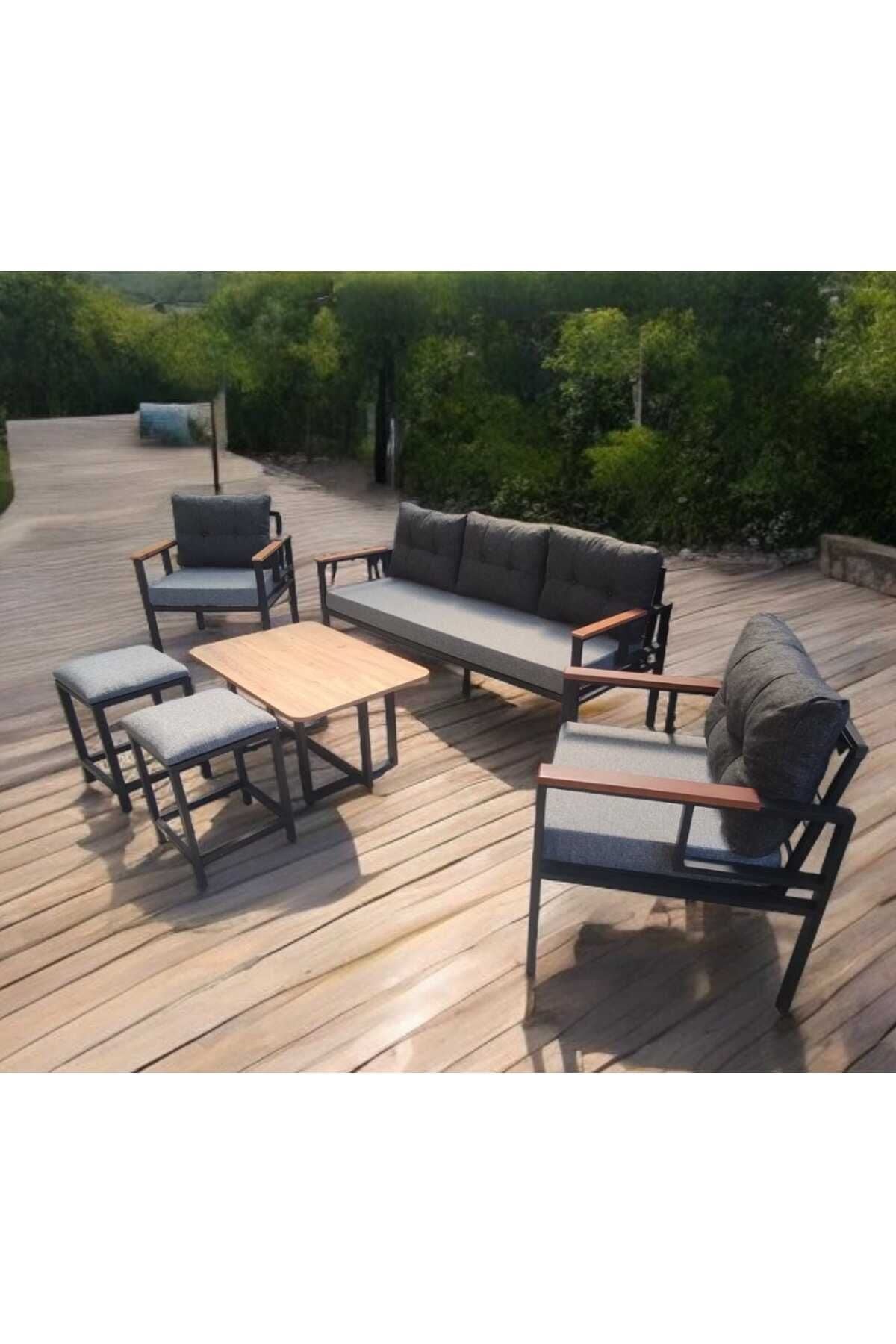 Pi Elize Bahçe Ve Balkon Mobilyası Gri Antrasit 3 1 1 Sehpalı Ve Gri 2 Puflu