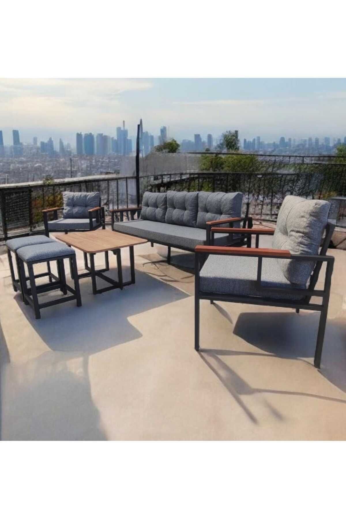 Pi Elize Bahçe Ve Balkon Mobilyası Gri 3 1 1, Sehpa Ve 2 Puflu