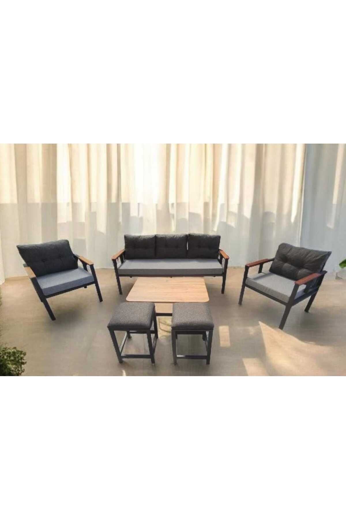 Pi Elize Bahçe Ve Balkon Mobilyası Gri Antrasit 3 1 1 Sehpalı Ve 2 Puflu