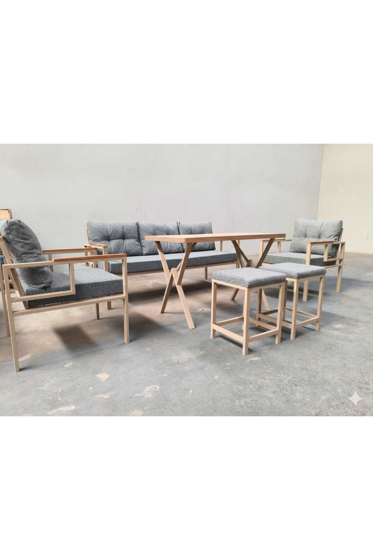 Pi Elize Metal Mutfak Balkon Bahçe Mobilyası 3+1+1+70x110 Kalınlaştırmalı Masa+2 Adet Puf Yeşil Bej