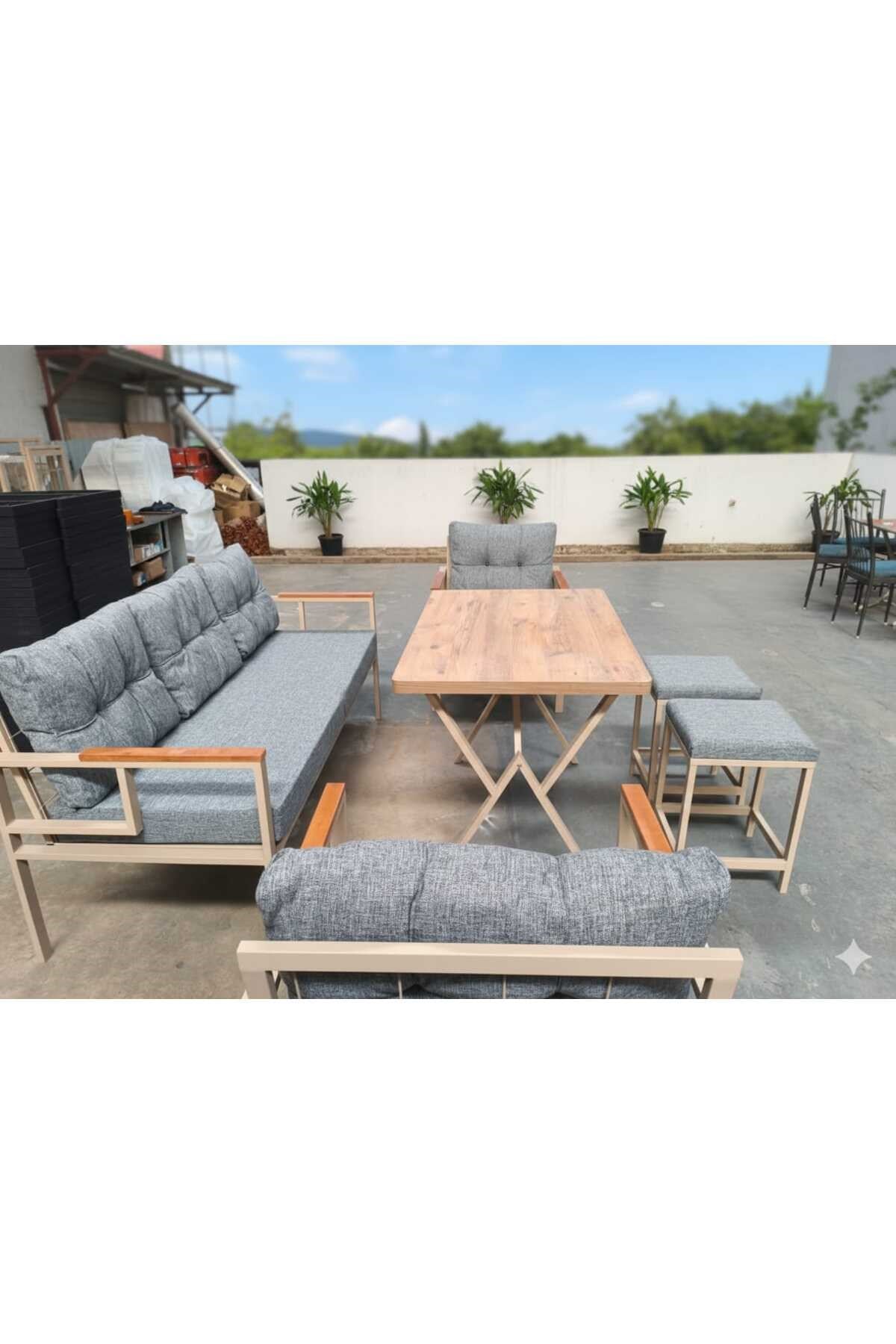 Pi Elize Metal Mutfak Balkon Bahçe Mobilyası 3+1+1+70x110 Kalınlaştırmalı Masa+2 Adet Puf Yeşil Bej