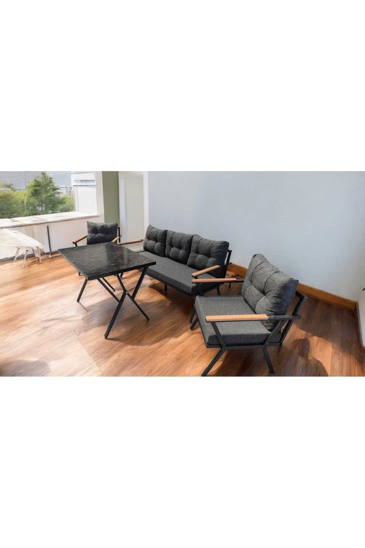 Pi Locca Bahçe Balkon Mobilyası Antrasit 3+1+1 ve Perla Masa
