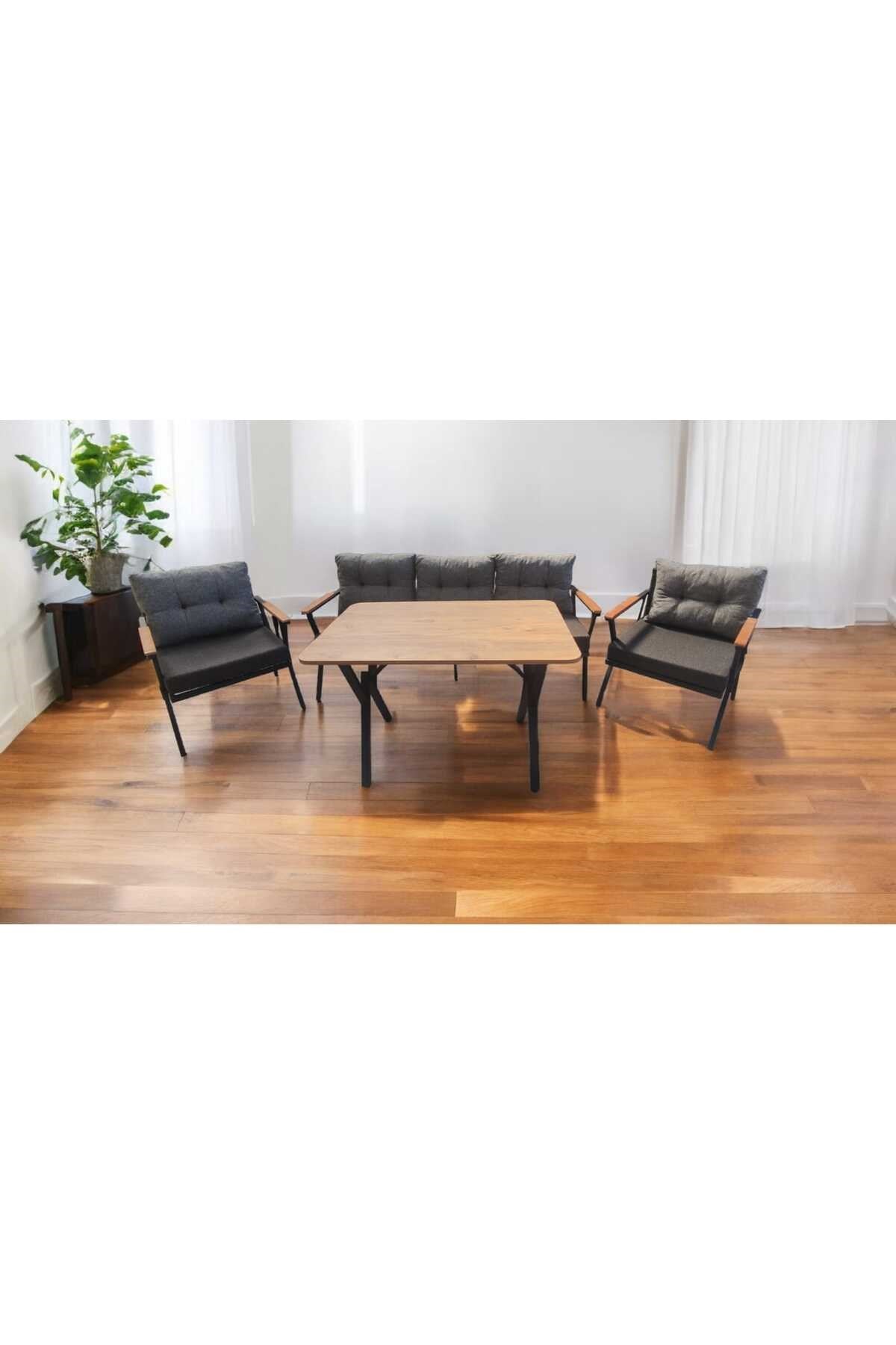 Pi Locca Bahçe Balkon Mobilyası Antrasit Gri 3+1+1 ve Perla Çam Masa