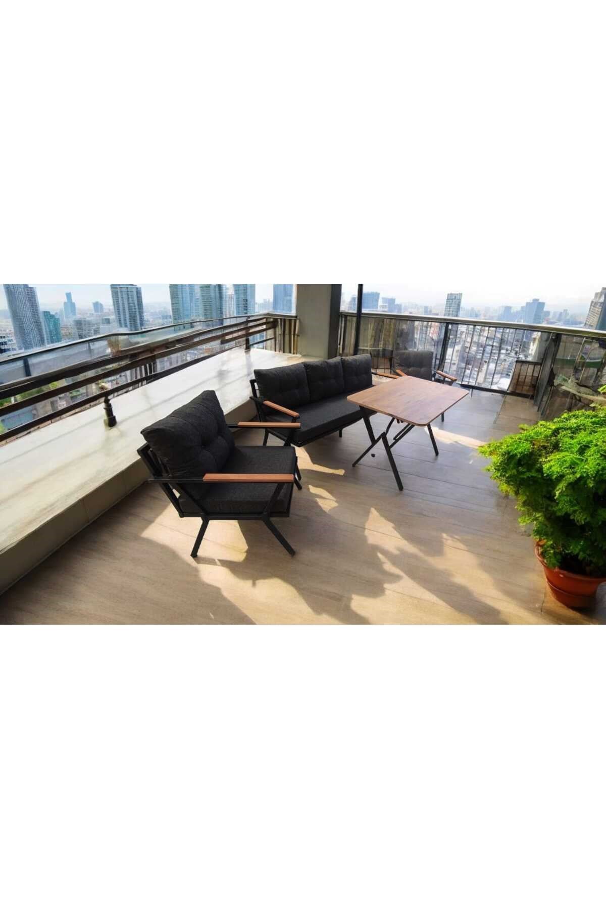 Pi Locca Bahçe Balkon Mobilyası Antrasit 3+1+1 ve Perla Çam Masa