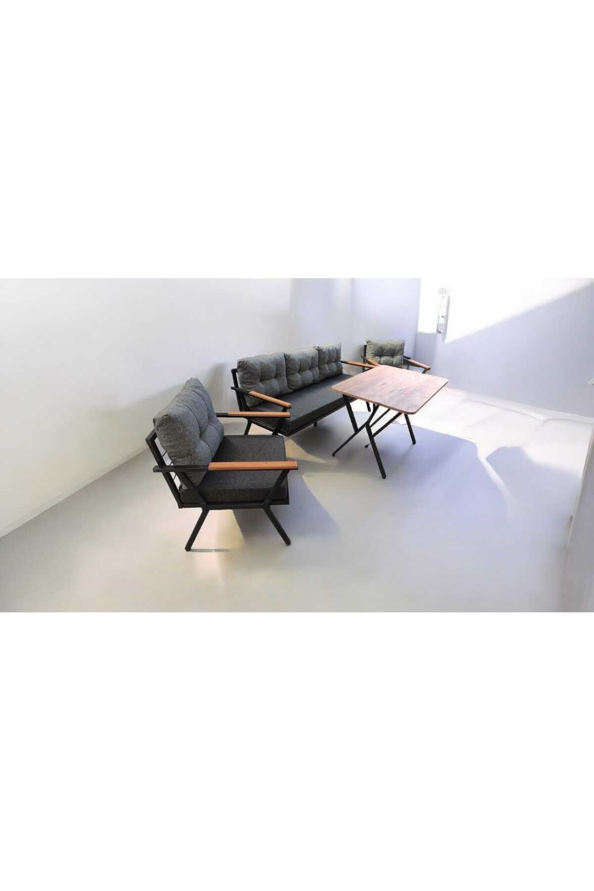 Pi Locca Bahçe Balkon Mobilyası Antrasit Gri 3+1+1 ve Perla Çam Masa