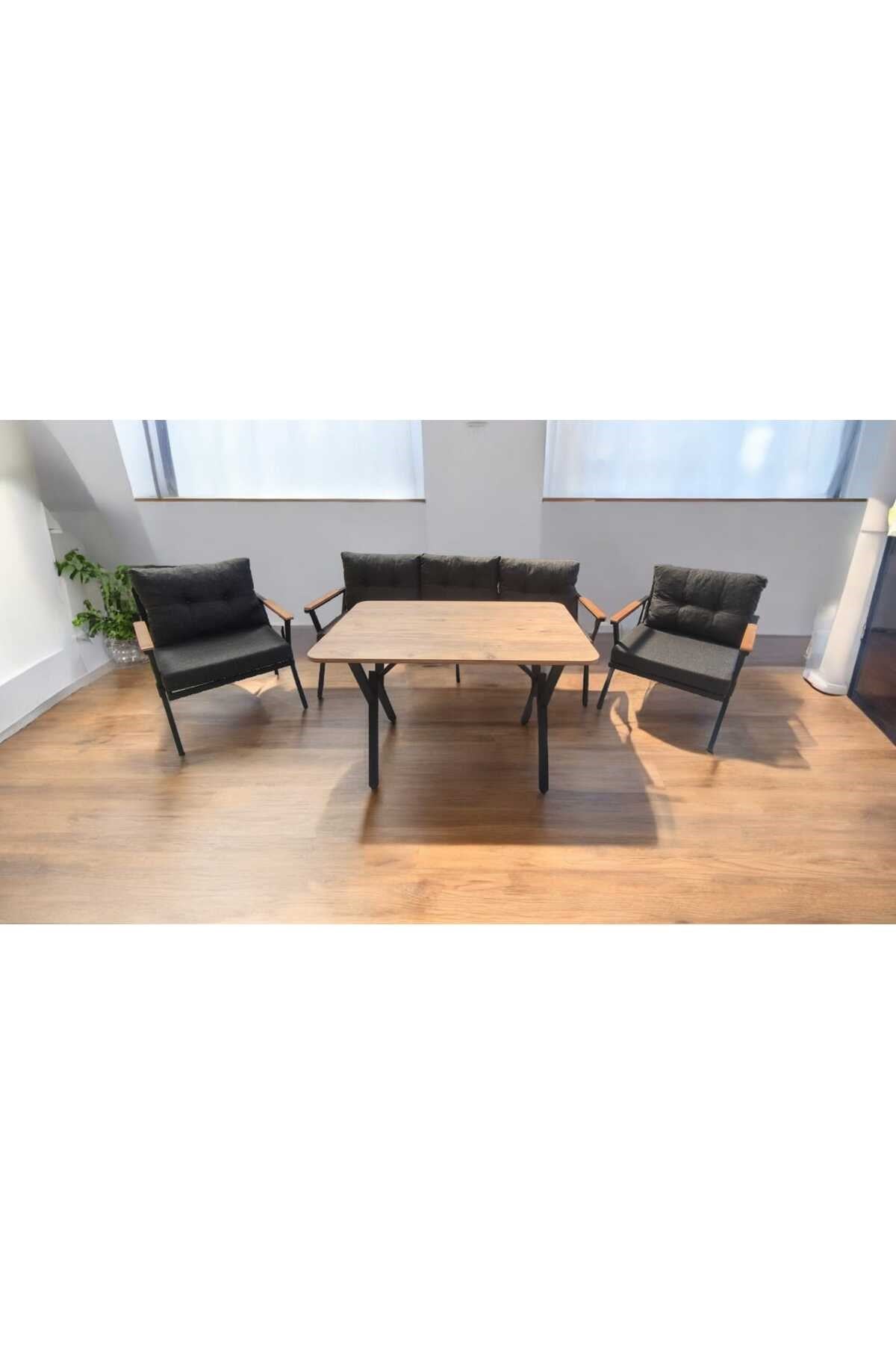 Pi Locca Bahçe Balkon Mobilyası Antrasit 3+1+1 ve Perla Çam Masa