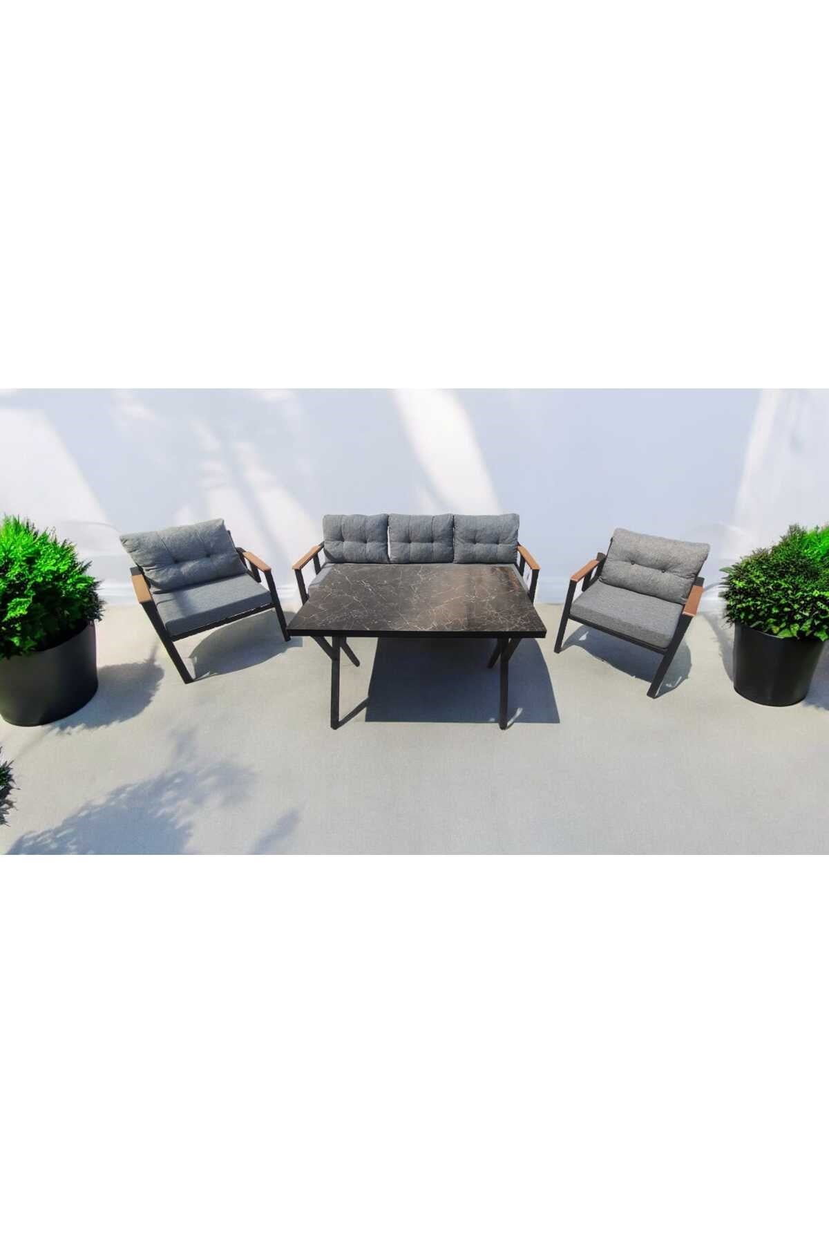 Pi Locca Bahçe Balkon Mobilyası Gri 3+1+1 ve Perla Masa