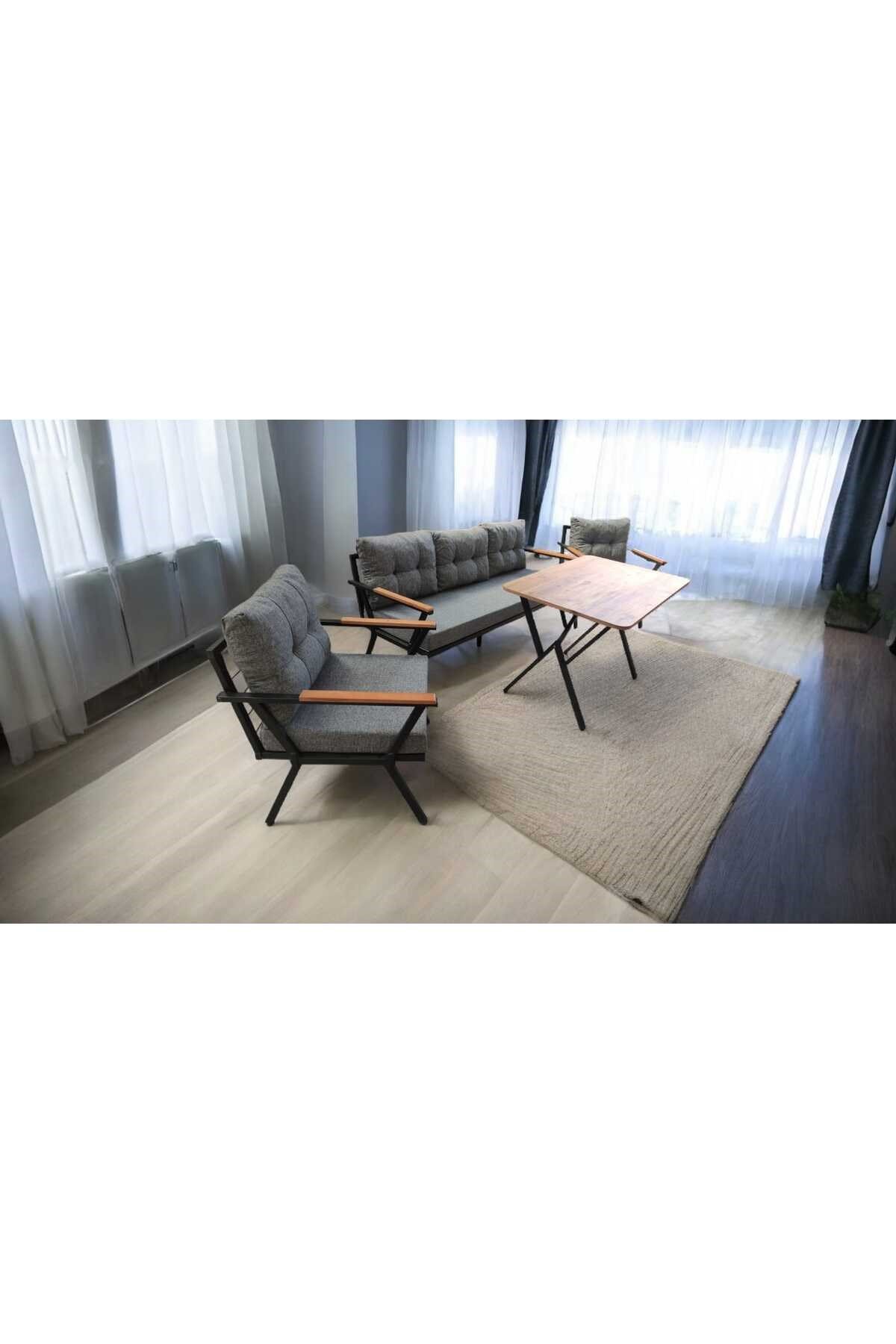 Pi Locca Bahçe Balkon Mobilyası Gri 3+1+1 ve Perla Çam Masa