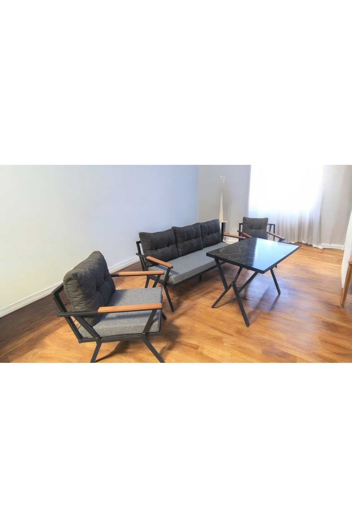 Pi Locca Bahçe Balkon Mobilyası Gri Antrasit 3+1+1 ve Perla Masa