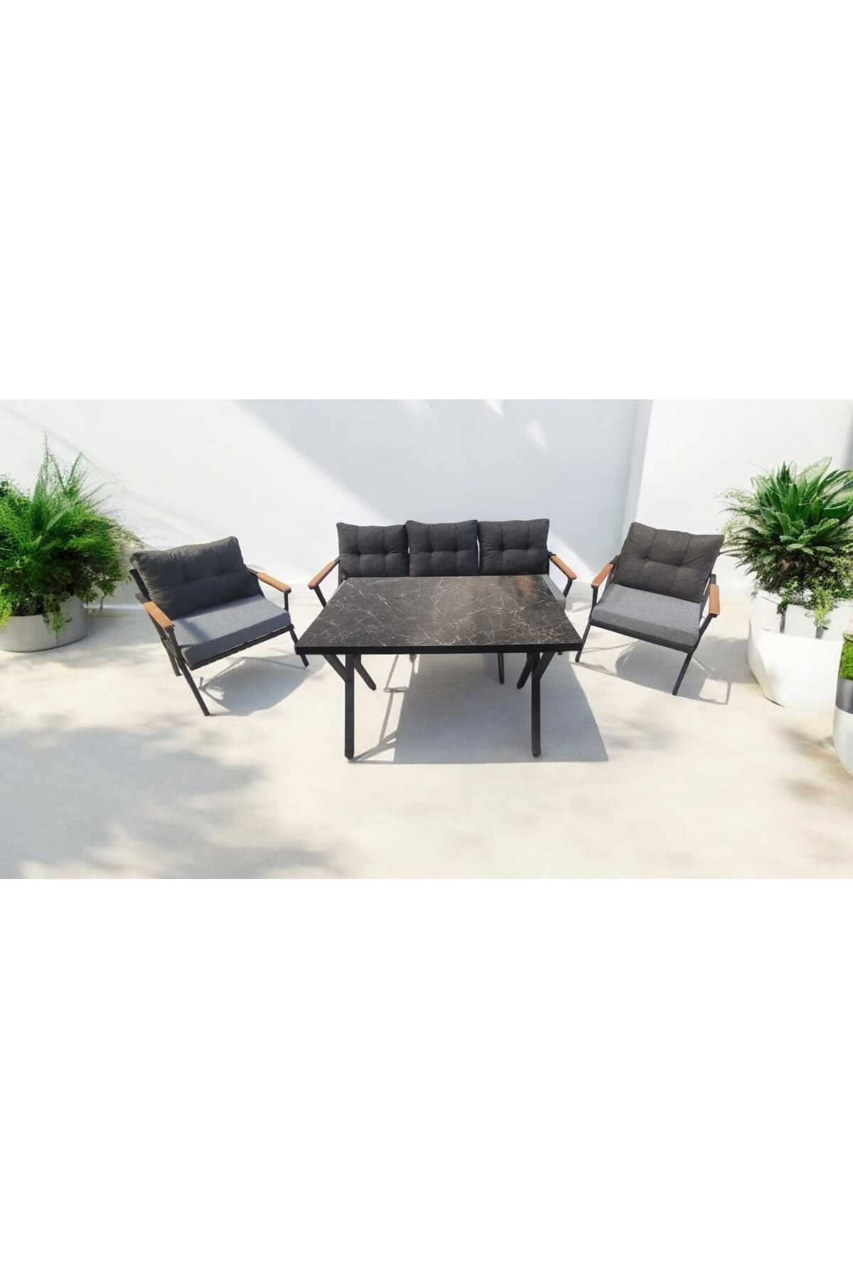 Pi Locca Bahçe Balkon Mobilyası Gri Antrasit 3+1+1 ve Perla Masa