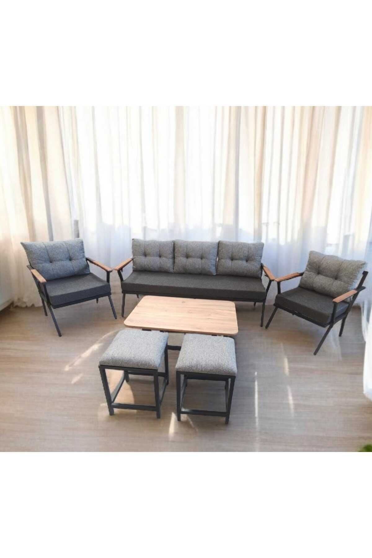 Pi Locca Bahçe Ve Balkon Mobilyası Antrasit Gri 3 1 1 Sehpalı Ve Gri 2 Puf