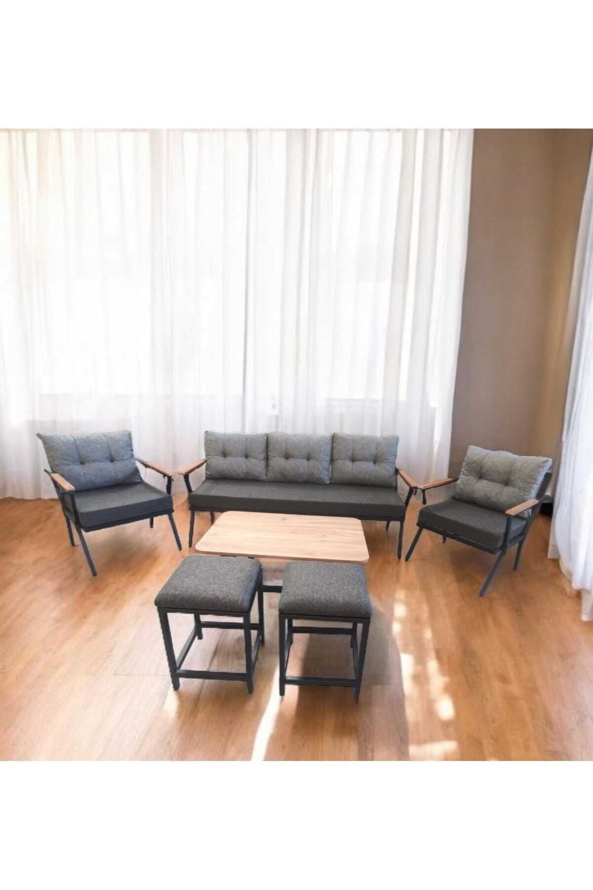 Pi Locca Bahçe Ve Balkon Mobilyası Antrasit Gri 3 1 1 Sehpalı Ve 2 Puflu