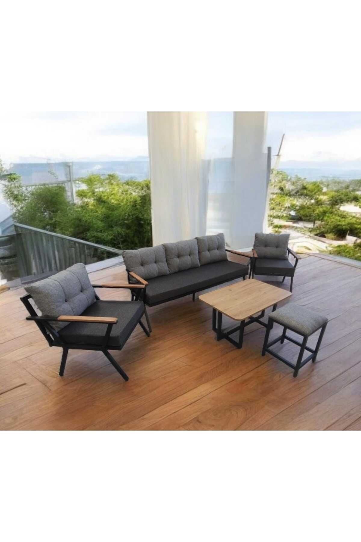 Pi Locca Bahçe Ve Balkon Mobilyası Antrasit Gri 3 1 1 Sehpalı Ve Gri Puflu