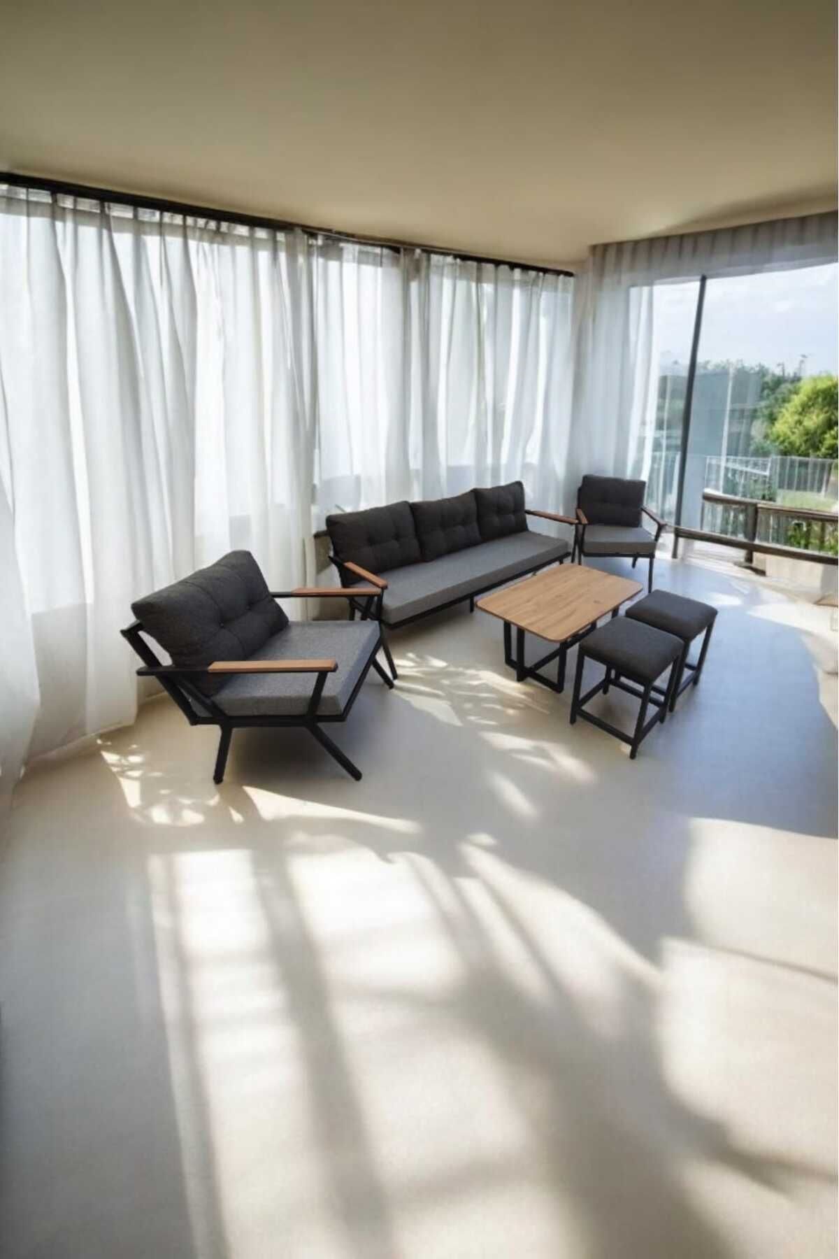 Pi Locca Bahçe Ve Balkon Mobilyası Gri Antrasit 3 1 1 Sehpalı Ve 2 Puf