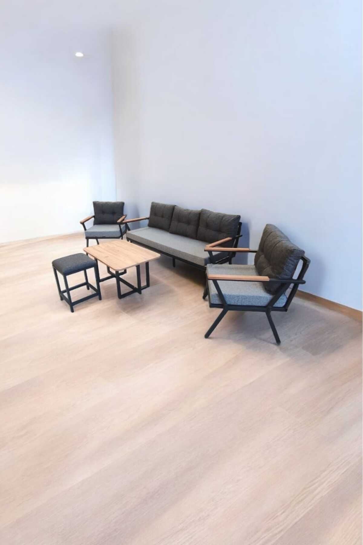 Pi Locca Bahçe Ve Balkon Mobilyası Gri Antrasit 3 1 1 Sehpalı Ve Puf