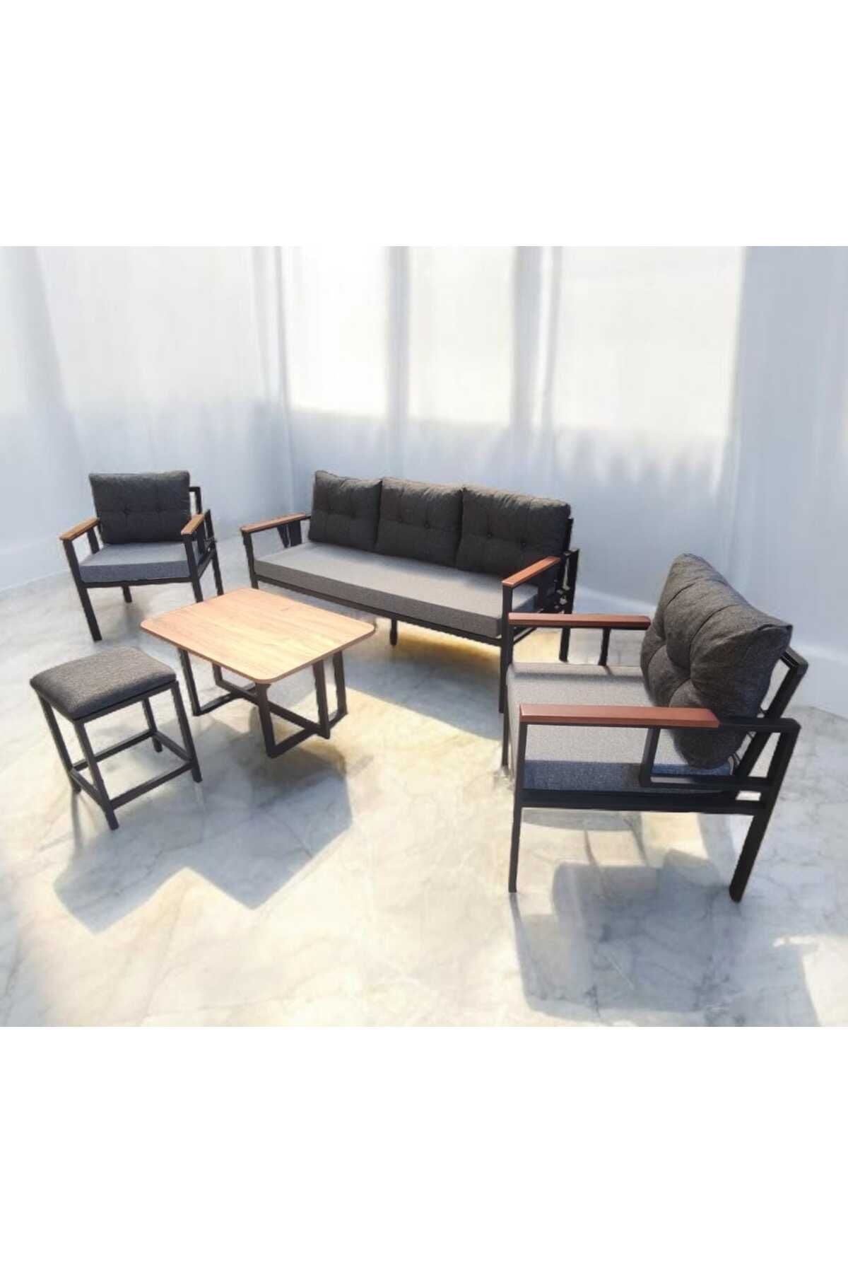Pimango Pielize Bahçe Ve Balkon Mobilyası Gri Antrasit 3+1+1 Sehpalı ve Puflu