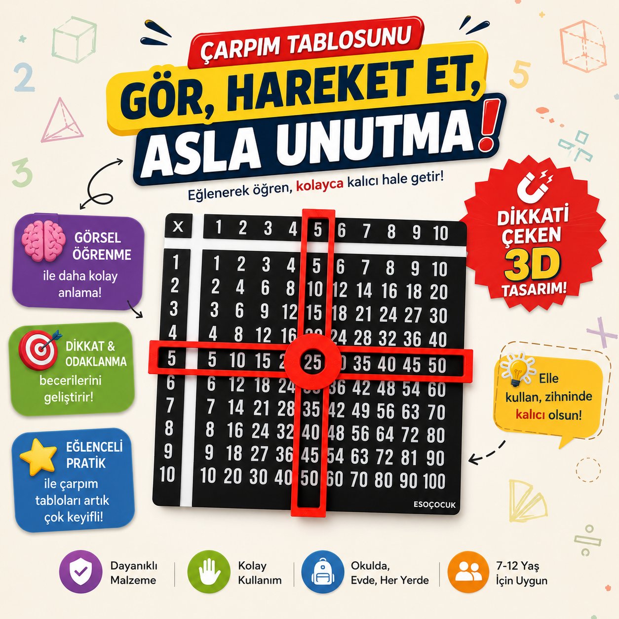 3D Çarpım Tablosu Eğitici Oyuncak | Hareketli Çarpım Tablosu 15x15 cm | Montessori Matematik Eğitim Materyali | İlkokula Destek
