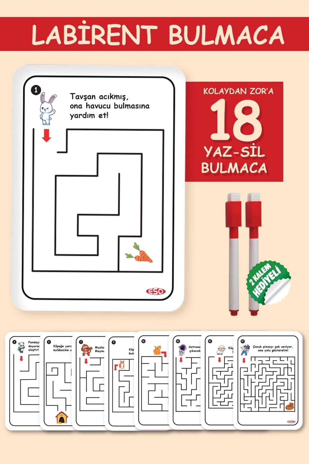 Esoçocuk Labirent Bulmaca Seti | Kolaydan Zora 18 Labirent | 2 Adet Yaz-Sil Kalemli | +3 yaş