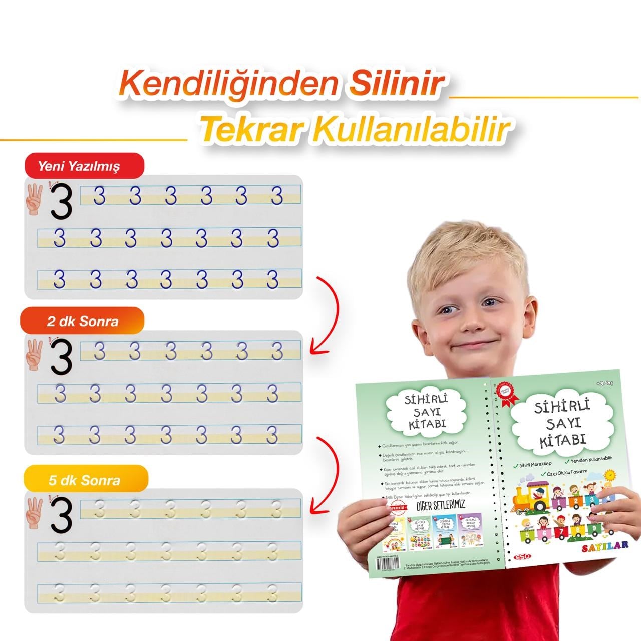 Harfleri | Sayıları ve Çizmeyi Öğreten 3'lü Alıştırma Kitabı - Oluklu(Kabartmalı) Sihirli Uçan Kalemli