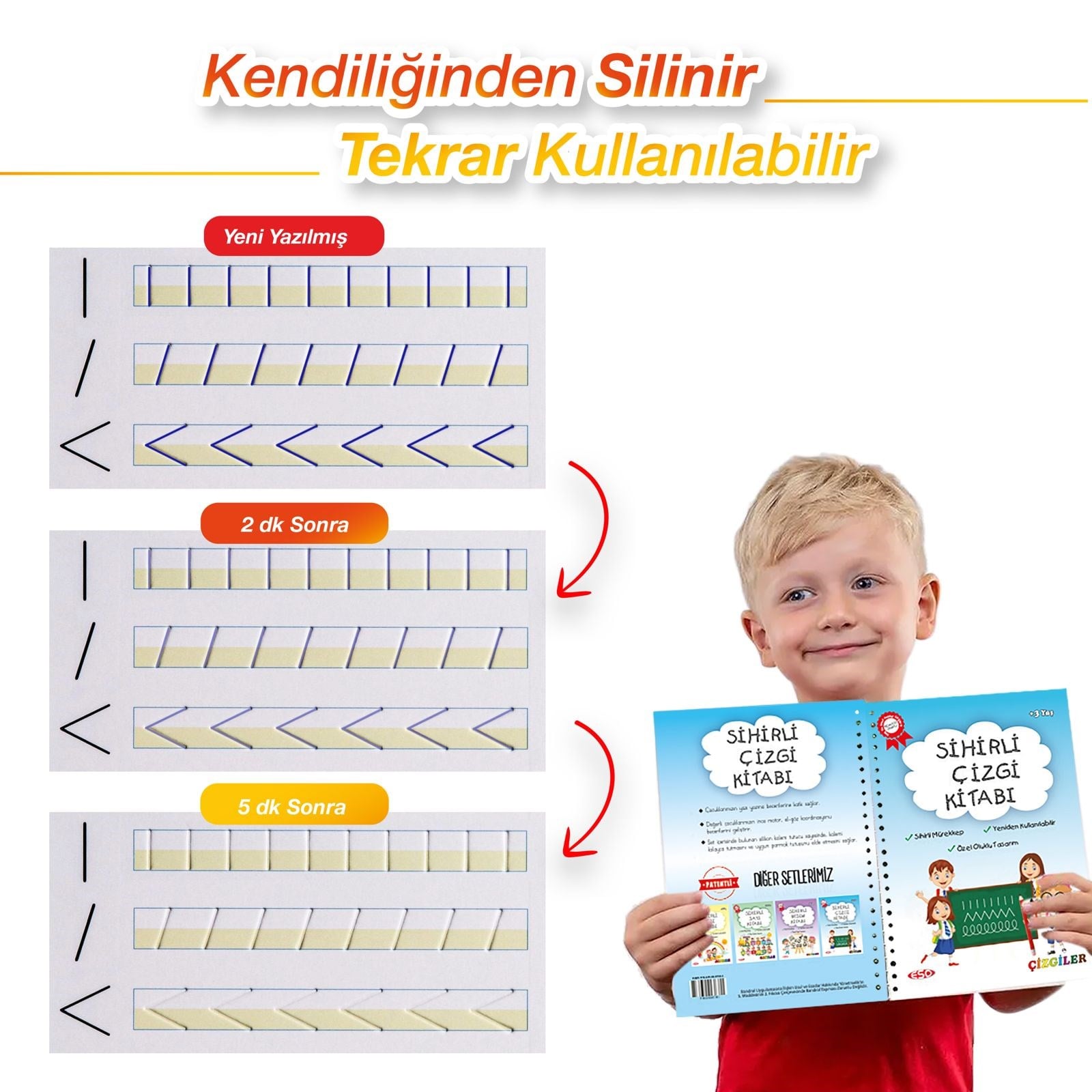 Harfleri | Sayıları ve Çizmeyi Öğreten 3'lü Alıştırma Kitabı - Oluklu(Kabartmalı) Sihirli Uçan Kalemli