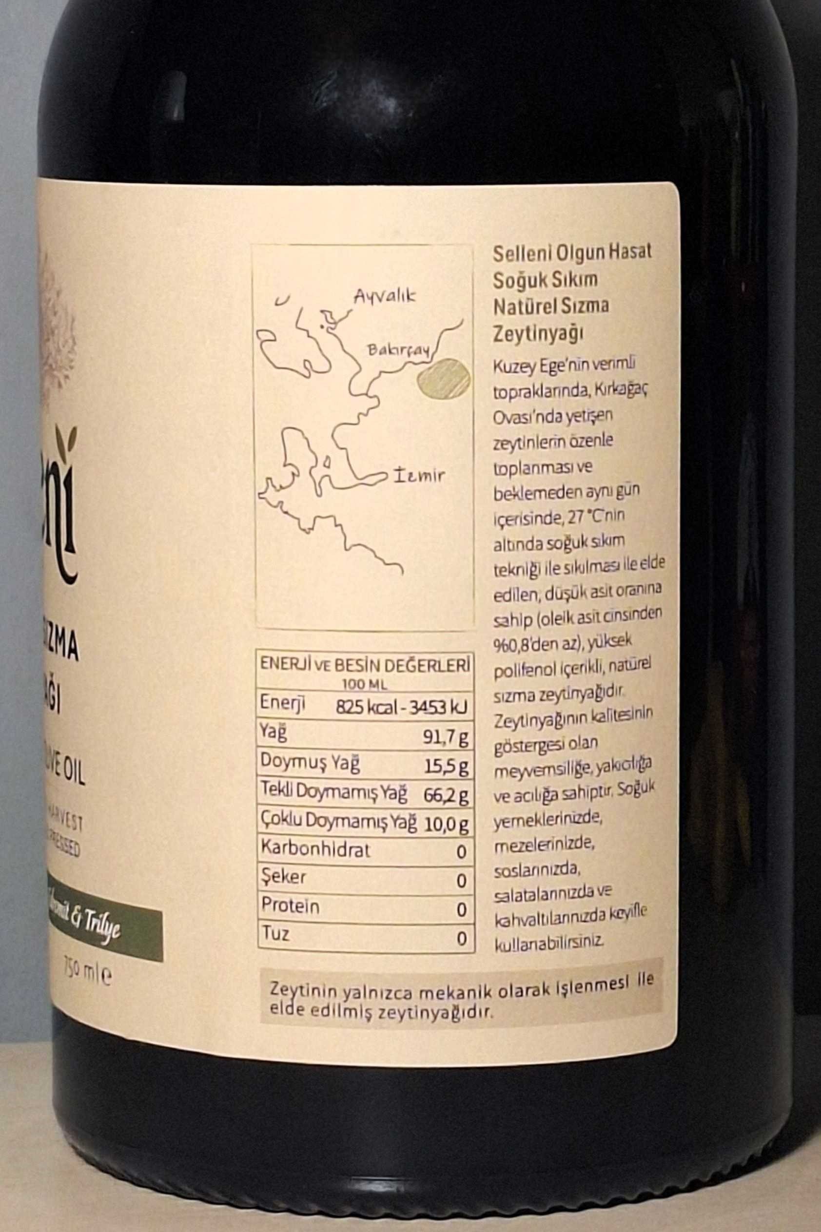 Selleni Olgun Hasat Natürel Sızma Zeytinyağı, Edremit & Trilye Filtresiz 750 ml