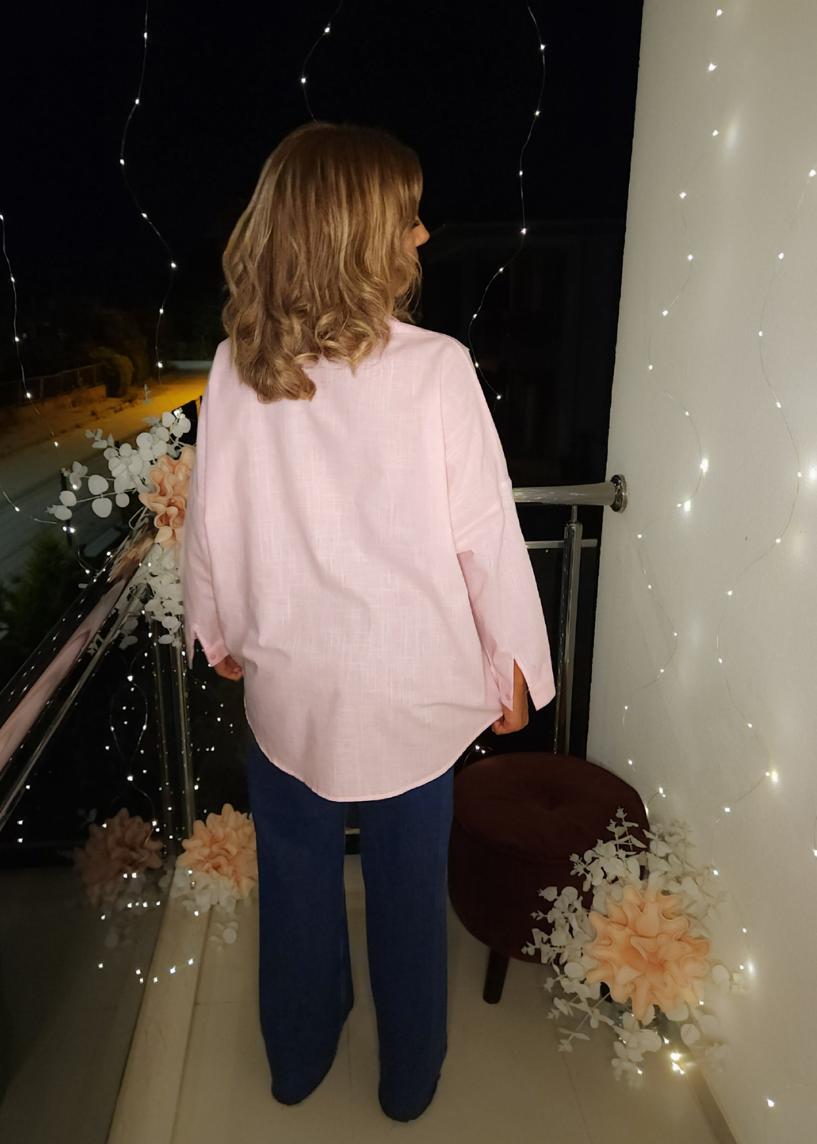 Çift Çep Oversize Gömlek STD - Beyaz/Pembe