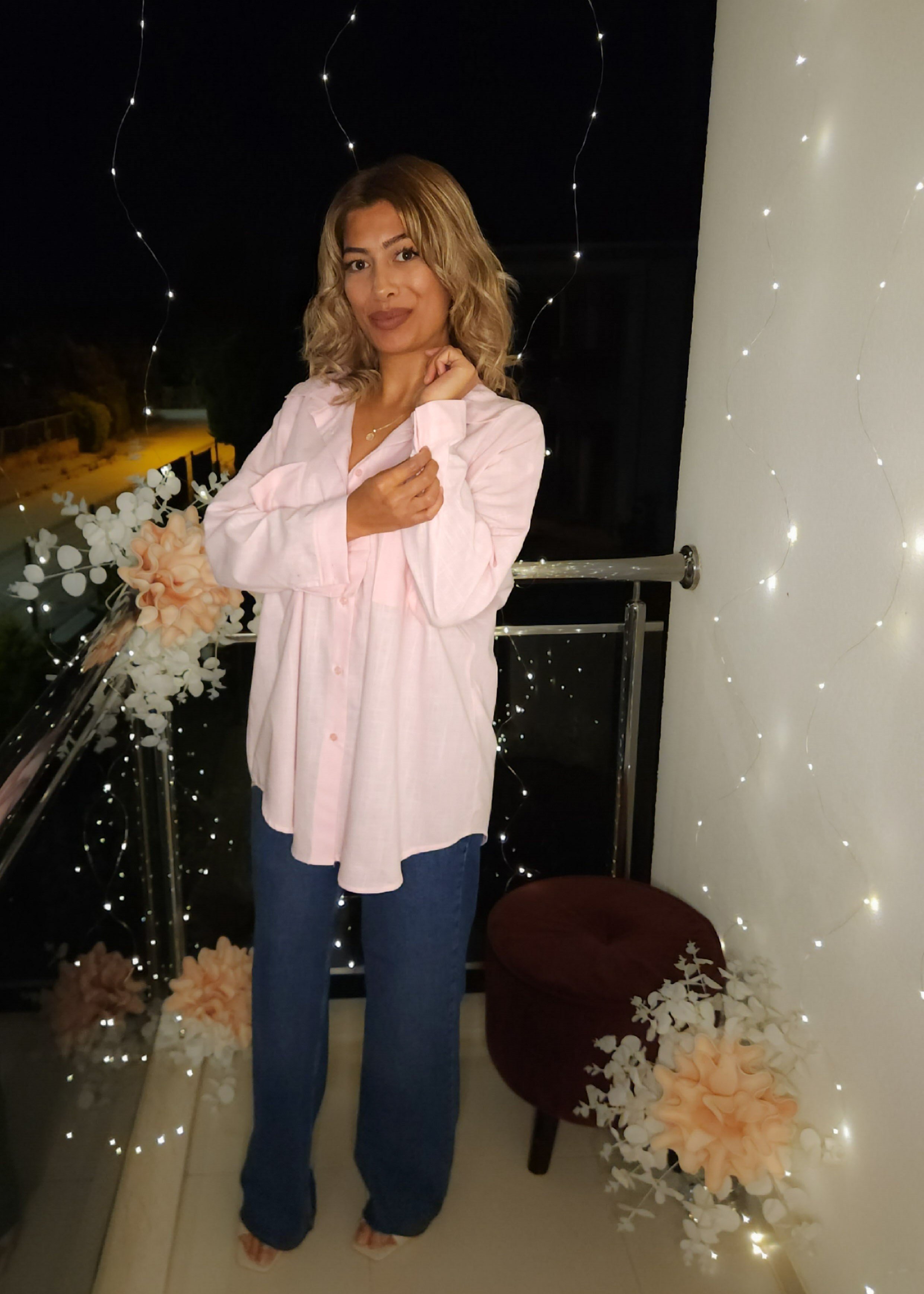 Çift Çep Oversize Gömlek STD - Beyaz/Pembe