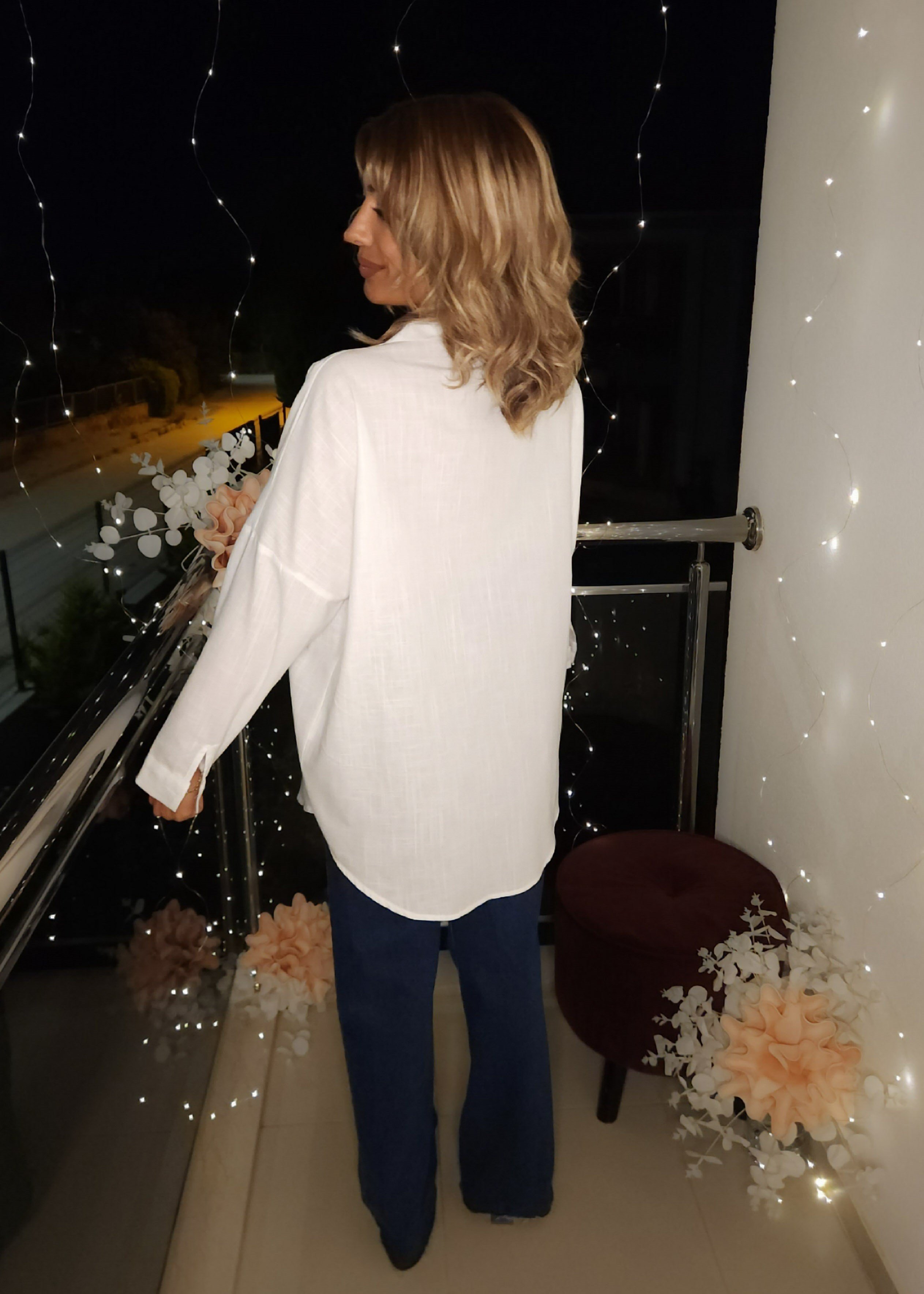 Çift Çep Oversize Gömlek STD - Beyaz/Pembe