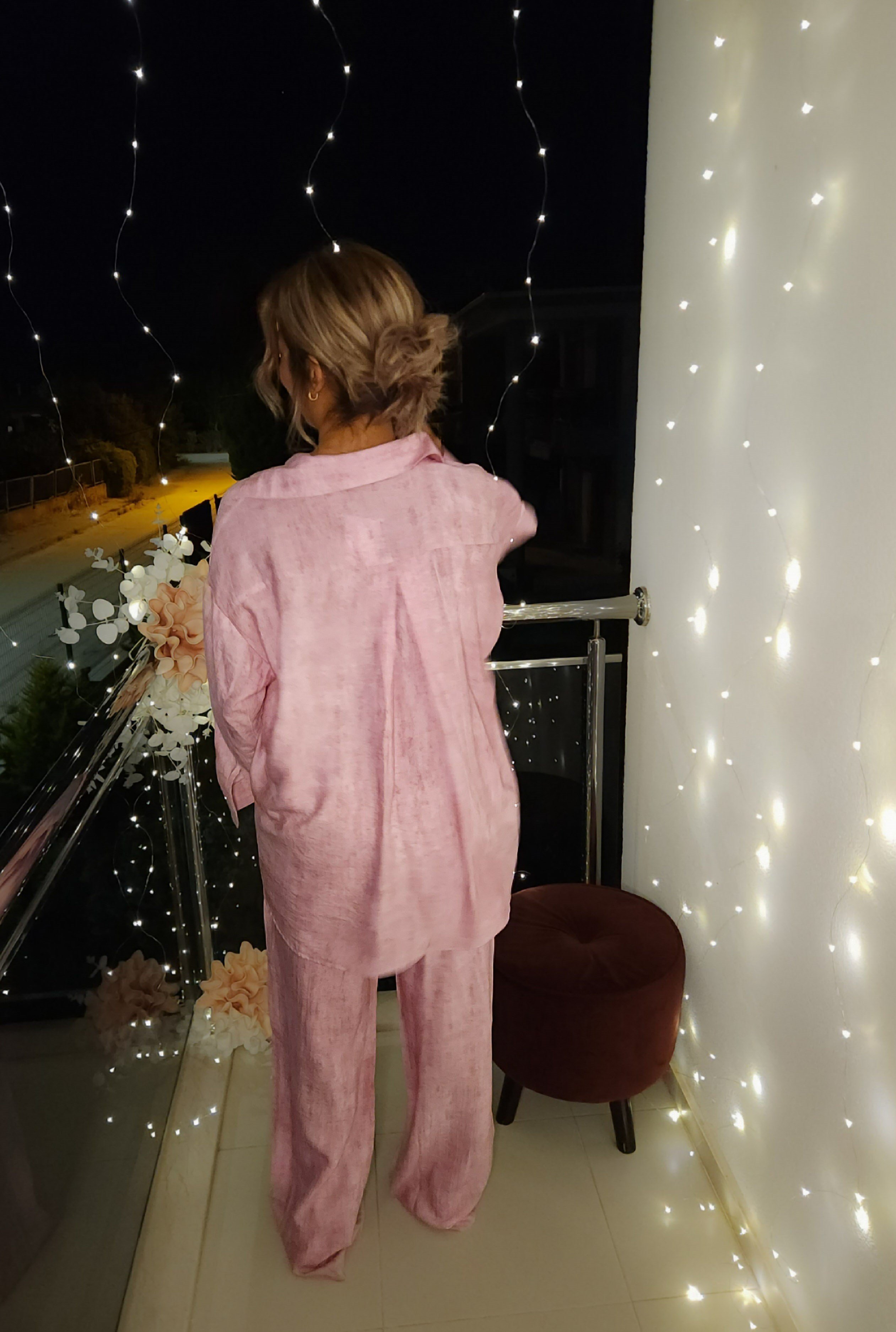 Dokuma Gömlek Pantolon Takım - Pembe